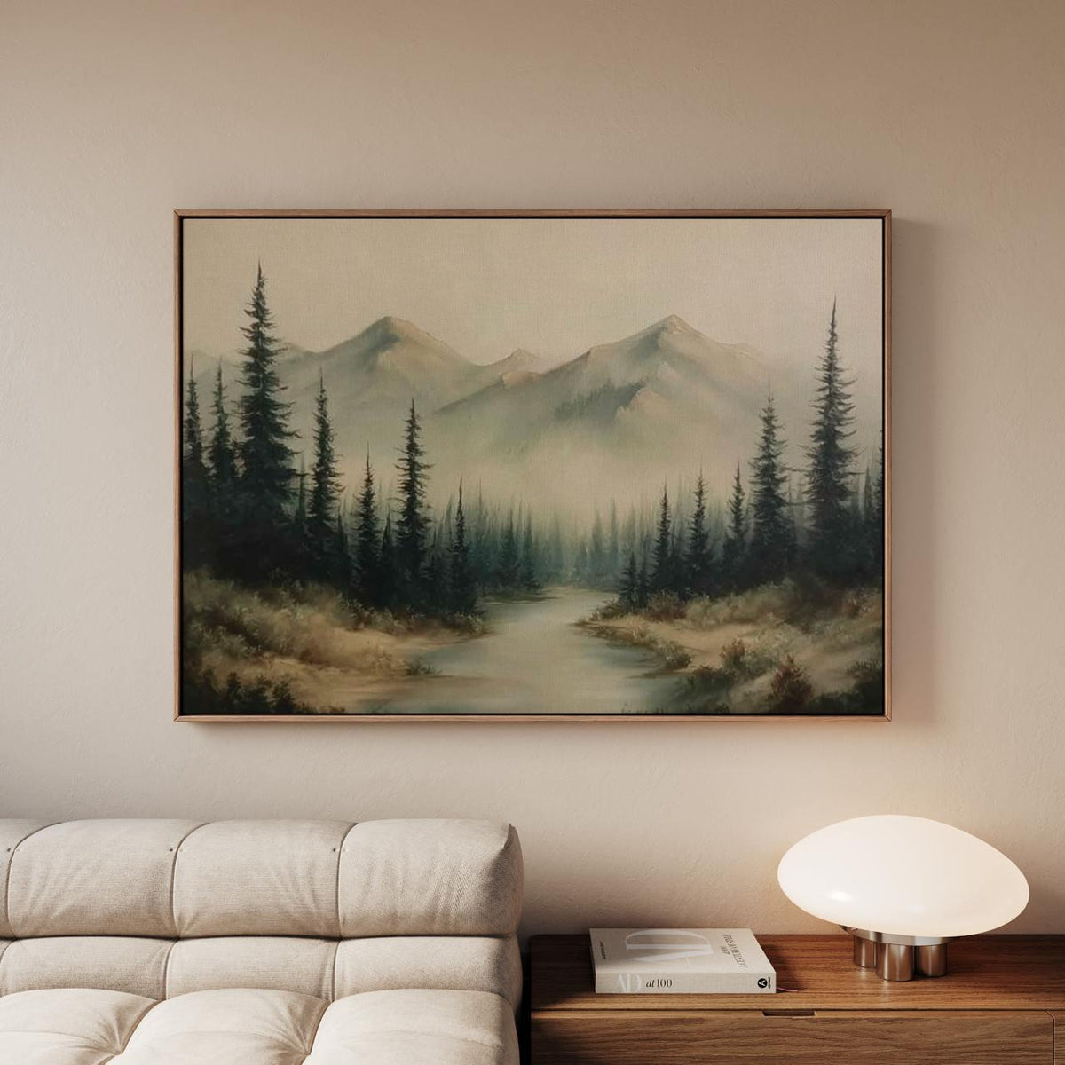 Dark Foggy Forest Mountains Silhouette - Framed Canvas Wall Art Print, Atmospheric Landscape Decor for Living Room, Cozy
