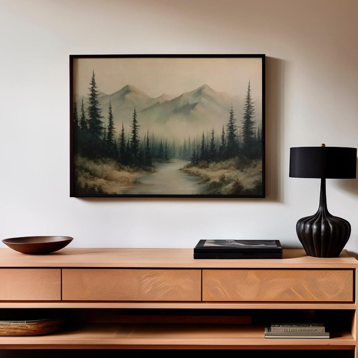 Dark Foggy Forest Mountains Silhouette - Framed Canvas Wall Art Print, Atmospheric Landscape Decor for Living Room, Cozy