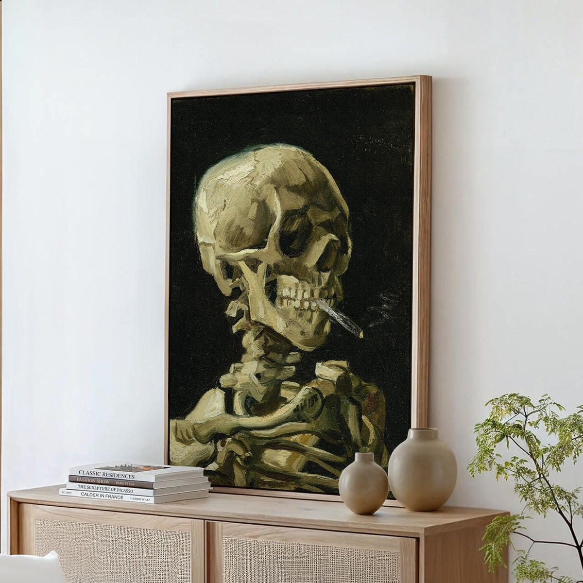 Vincent van Gogh Skull with Burning Cigarette - Framed Canvas Print, Post-Impressionist Still Life Decor for Entryway, H