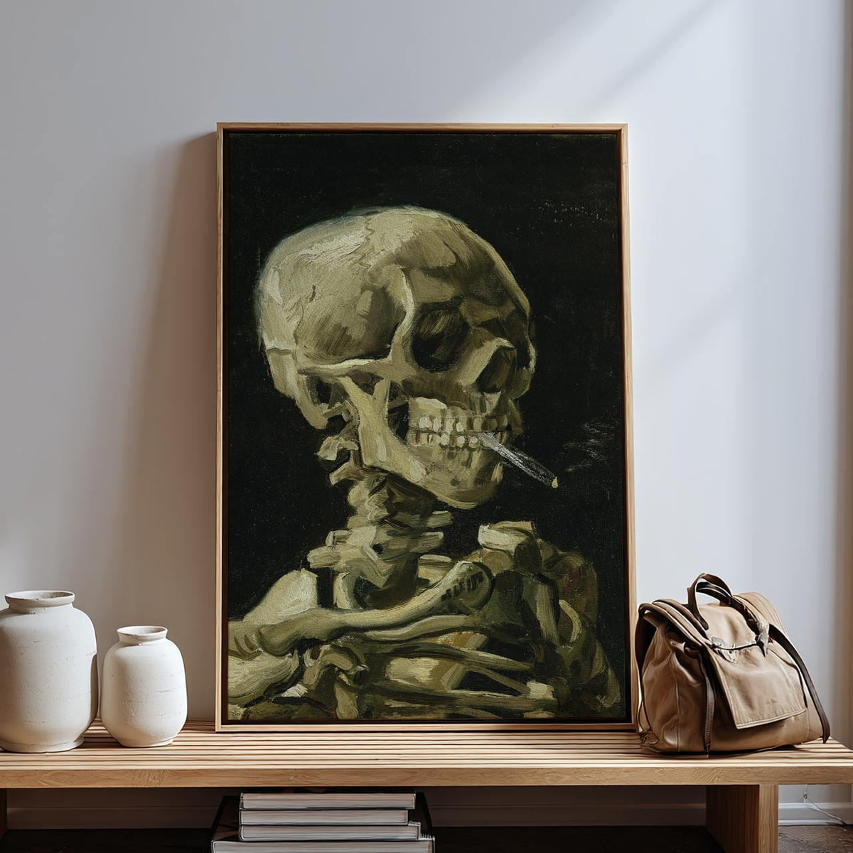 Vincent van Gogh Skull with Burning Cigarette - Framed Canvas Print, Post-Impressionist Still Life Decor for Entryway, H