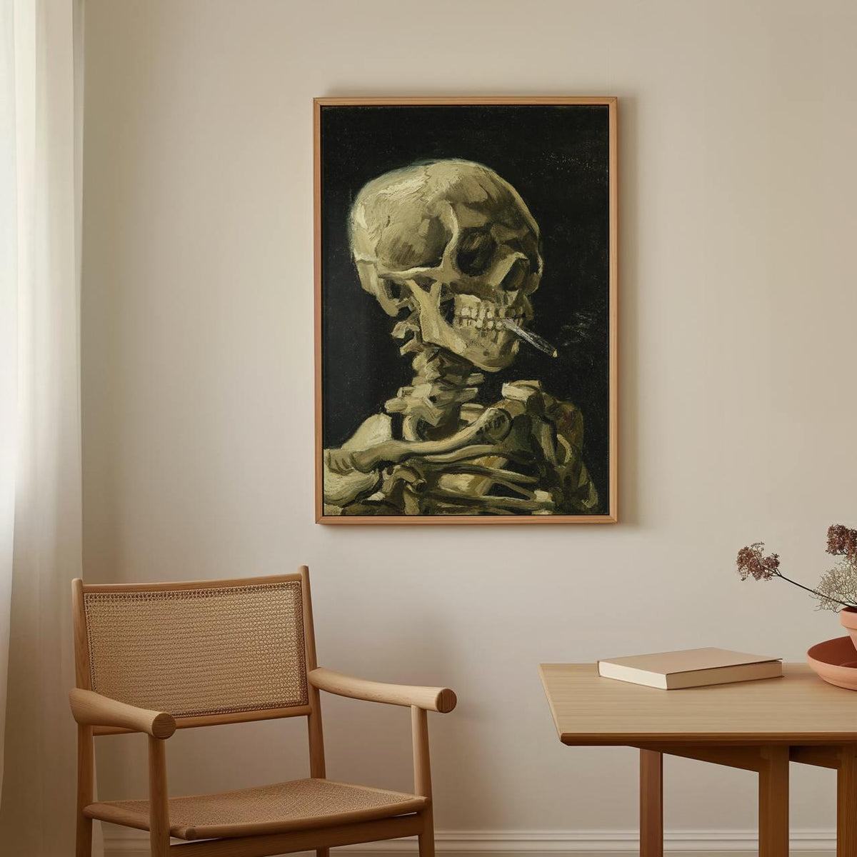Vincent van Gogh Skull with Burning Cigarette - Framed Canvas Print, Post-Impressionist Still Life Decor for Entryway, H