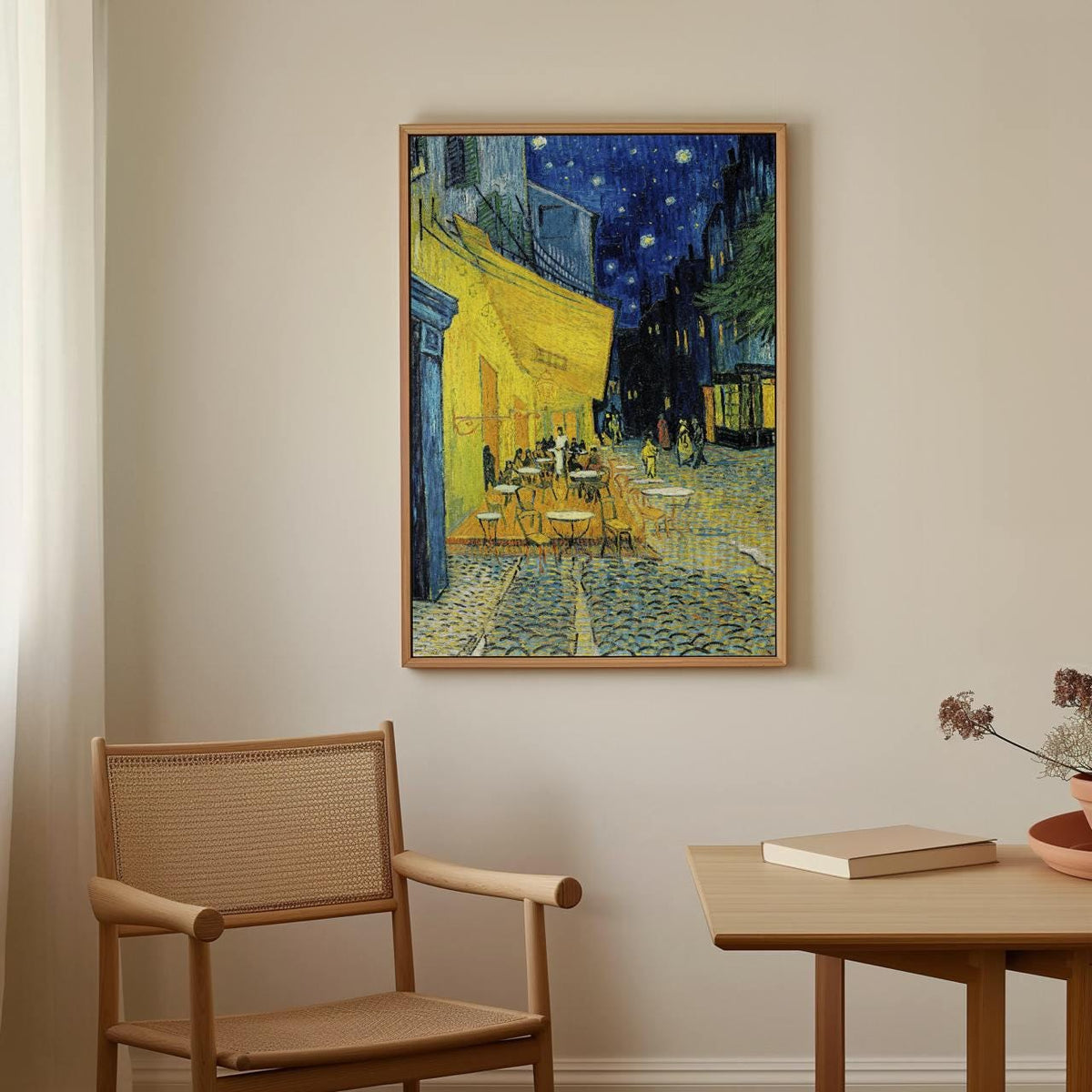 Vincent van Gogh Cafe Terrace at Night - Framed Canvas Print, Post-Impressionist Night Scene Decor for Living Room, Dini