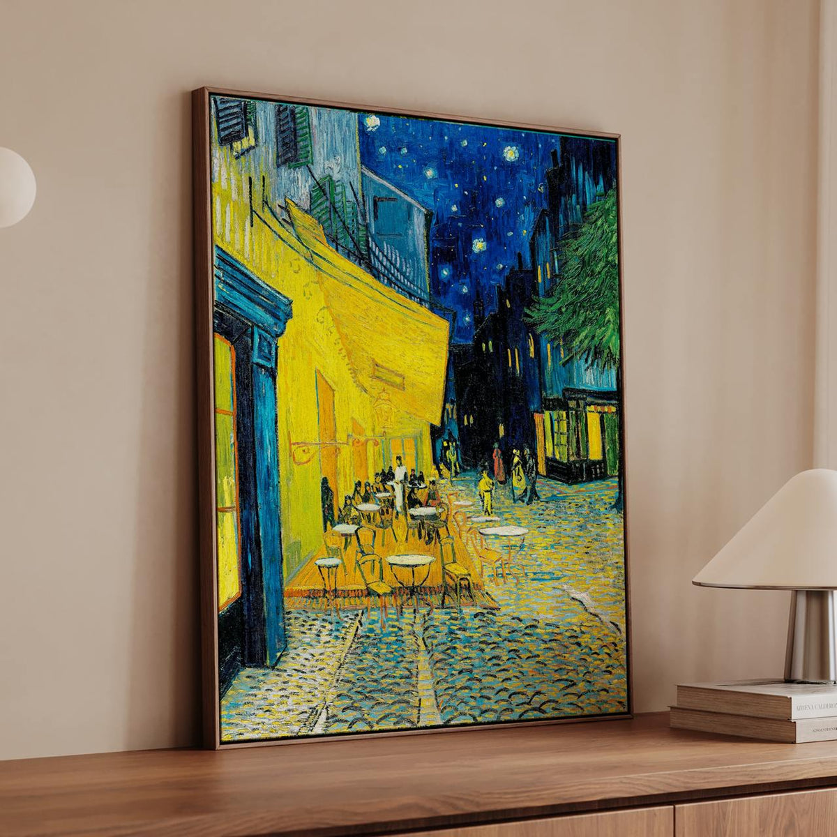 Vincent van Gogh Cafe Terrace at Night - Framed Canvas Print, Post-Impressionist Night Scene Decor for Living Room, Dini