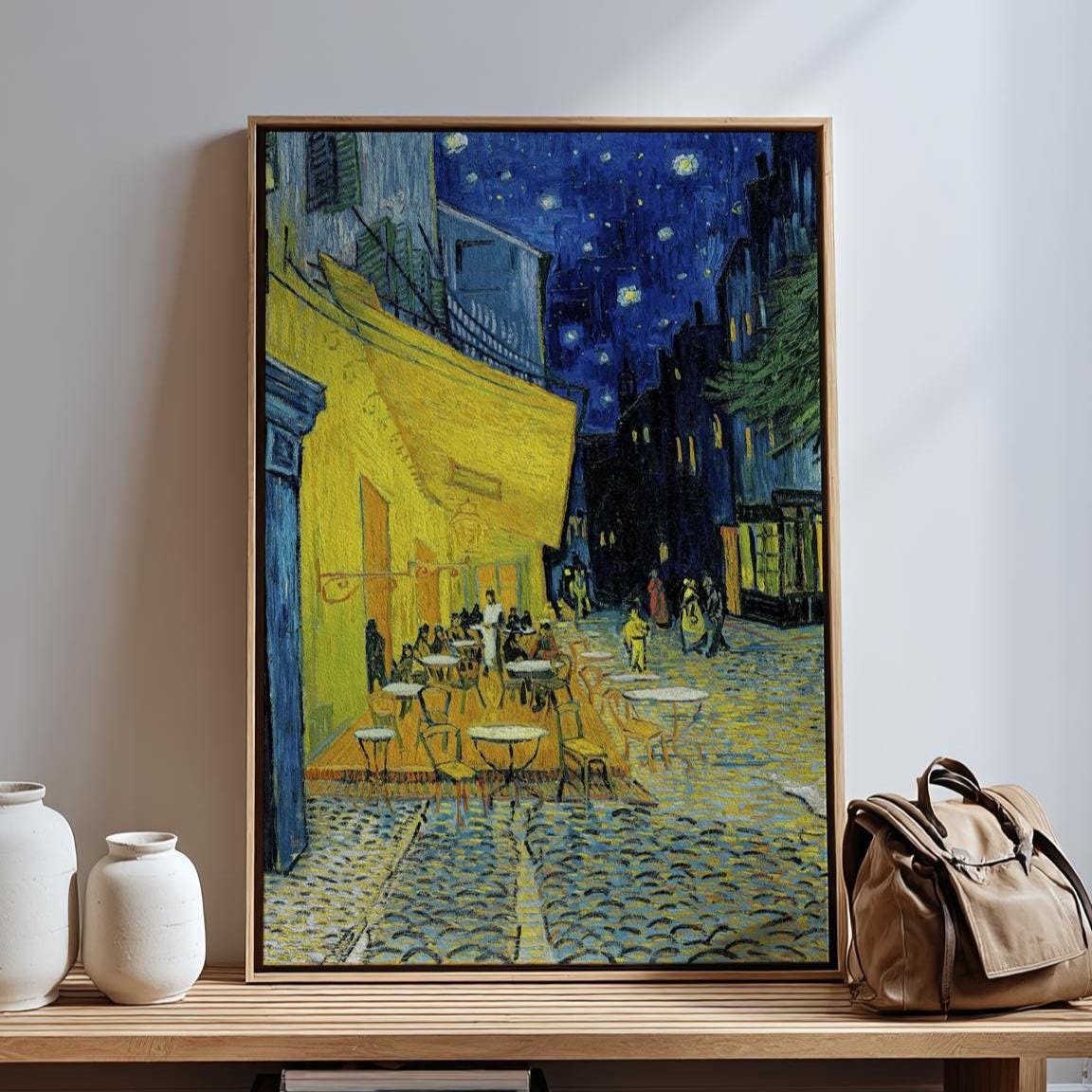 Vincent van Gogh Cafe Terrace at Night - Framed Canvas Print, Post-Impressionist Night Scene Decor for Living Room, Dini