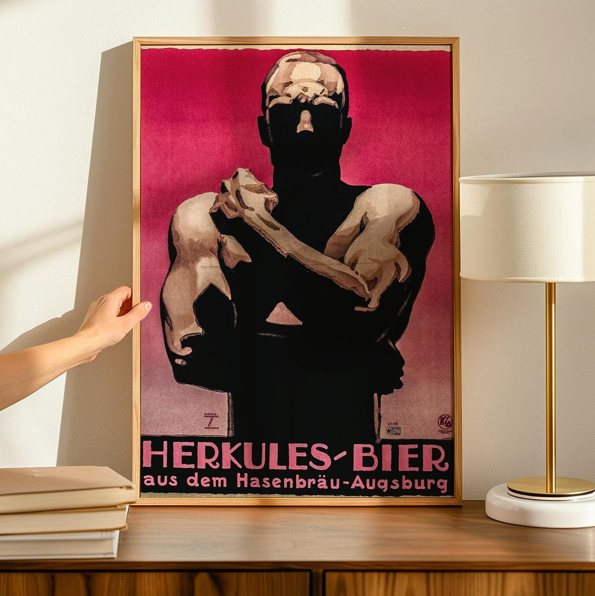Vintage Hercule Beer Poster - Framed Wall Poster Print, German Brew Art Decor for Game Room, Bar Area, Retro Gallery Wal