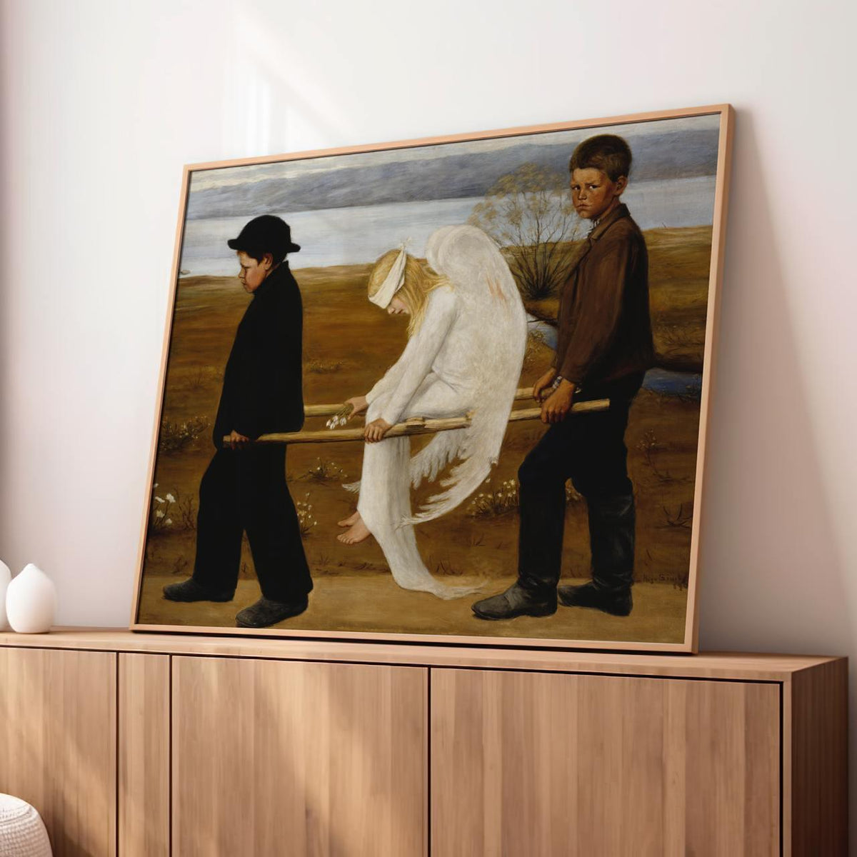 Hugo Simberg - The Wounded Angel - Symbolist Angel Carrier Print, Finnish Boys Stretcher Wall Art, Melancholy Folklore D