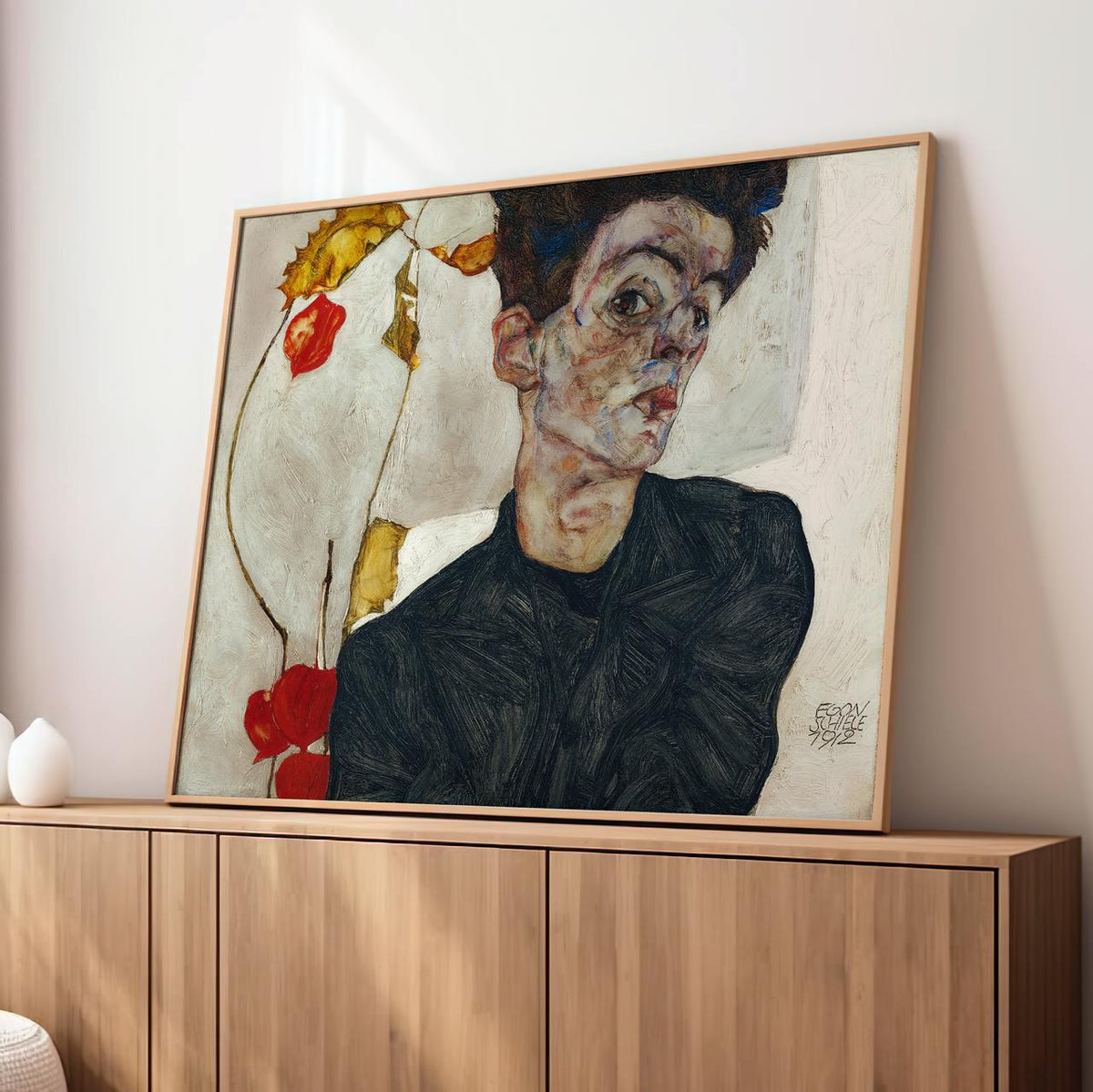 Egon Schiele - Self Portrait Chinese Lantern Fruits 1912 - Expressionist Face Print, Modern Abstract Canvas Art, Vintage