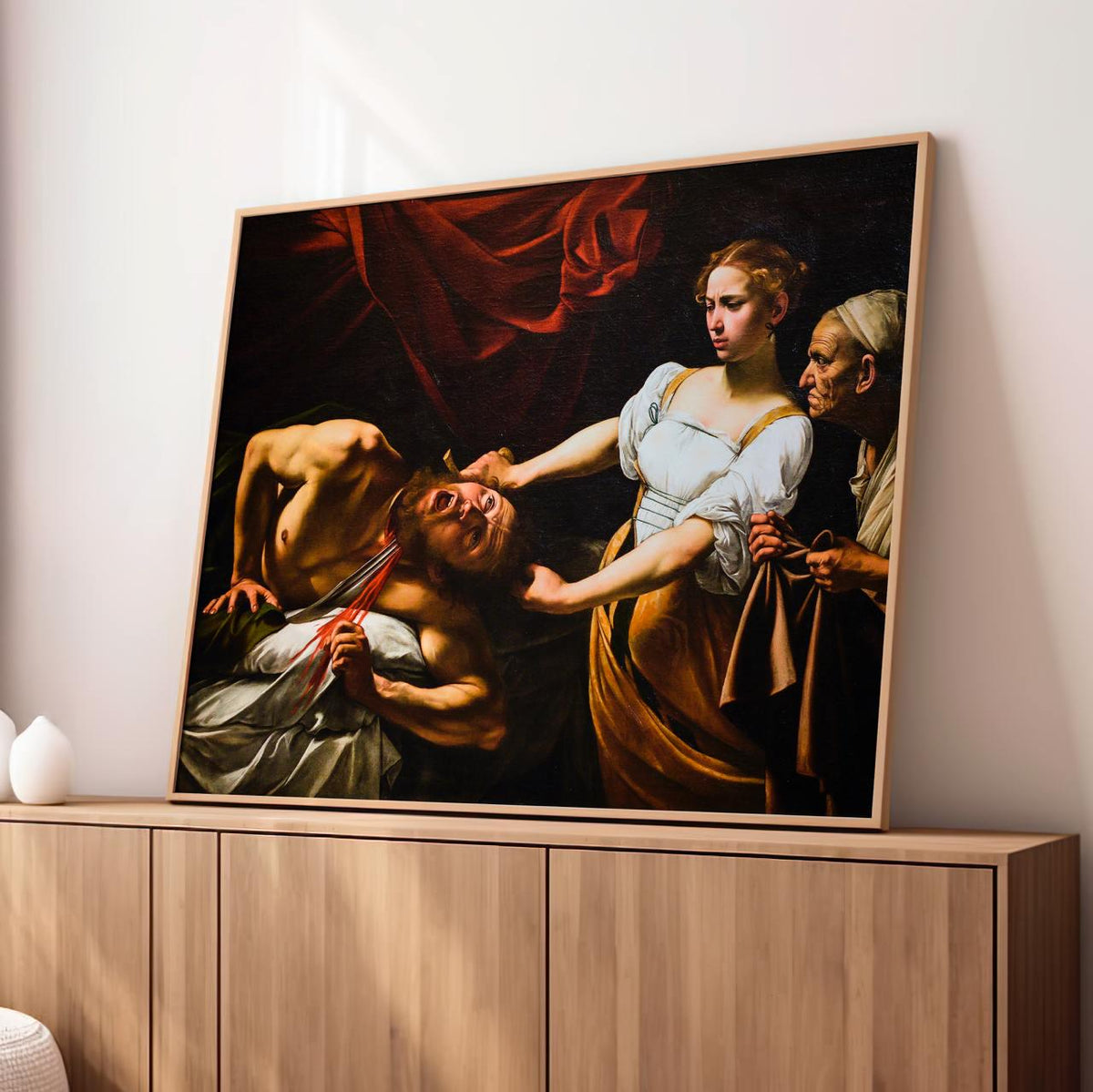 Caravaggio Judith Beheading Holofernes 1599 - Dramatic Baroque Biblical Canvas Art, Dark Red Drape, Powerful Female Hero