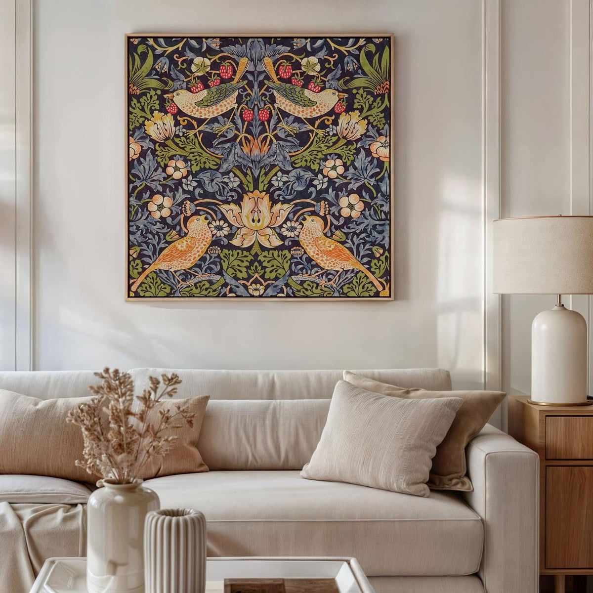 William Morris, Strawberry Thief 1883 - Canvas Wall Art Print, Living Room Decor, Framed Gallery Art
