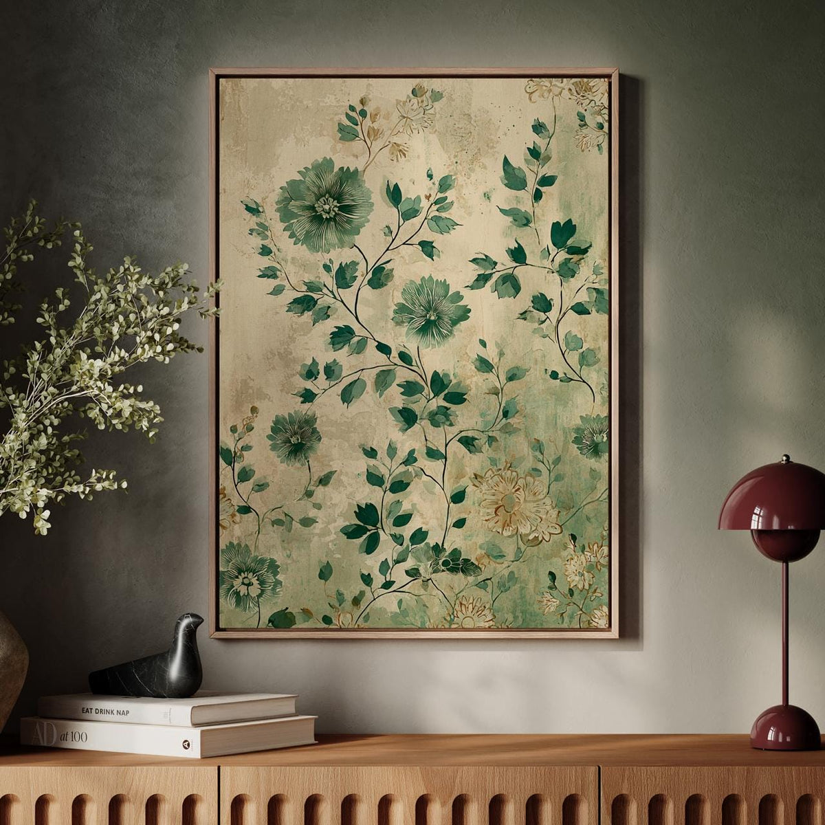 Vintage Green Sunflower Flowers Bouquet - Framed Canvas Wall Art Print, Botanical Floral Decor for Living Room, Bedroom,