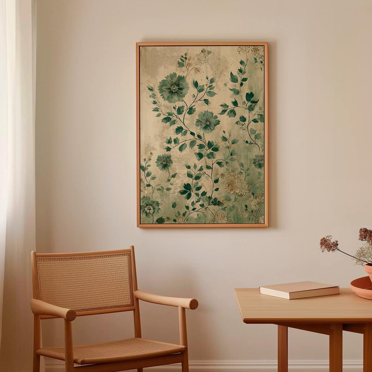 Vintage Green Sunflower Flowers Bouquet - Framed Canvas Wall Art Print, Botanical Floral Decor for Living Room, Bedroom,