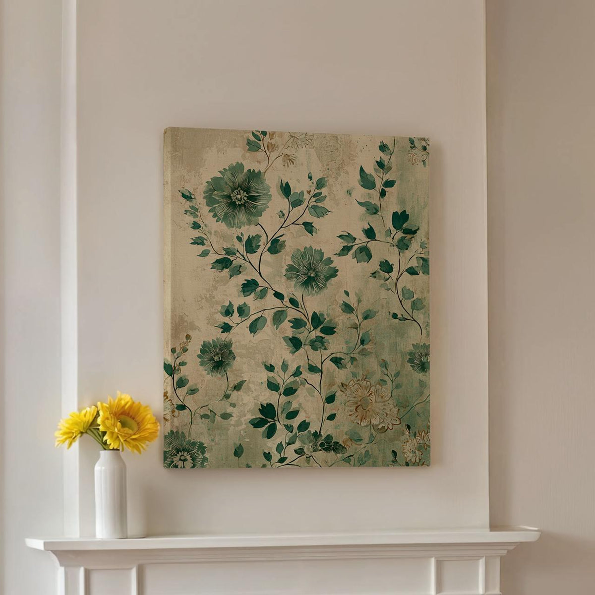 Vintage Green Sunflower Flowers Bouquet - Framed Canvas Wall Art Print, Botanical Floral Decor for Living Room, Bedroom,