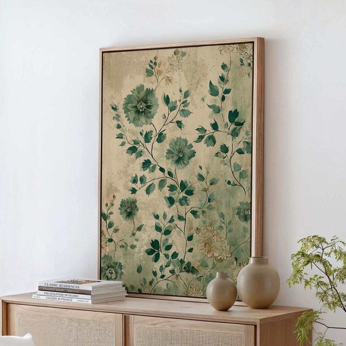 Vintage Green Sunflower Flowers Bouquet - Framed Canvas Wall Art Print, Botanical Floral Decor for Living Room, Bedroom,