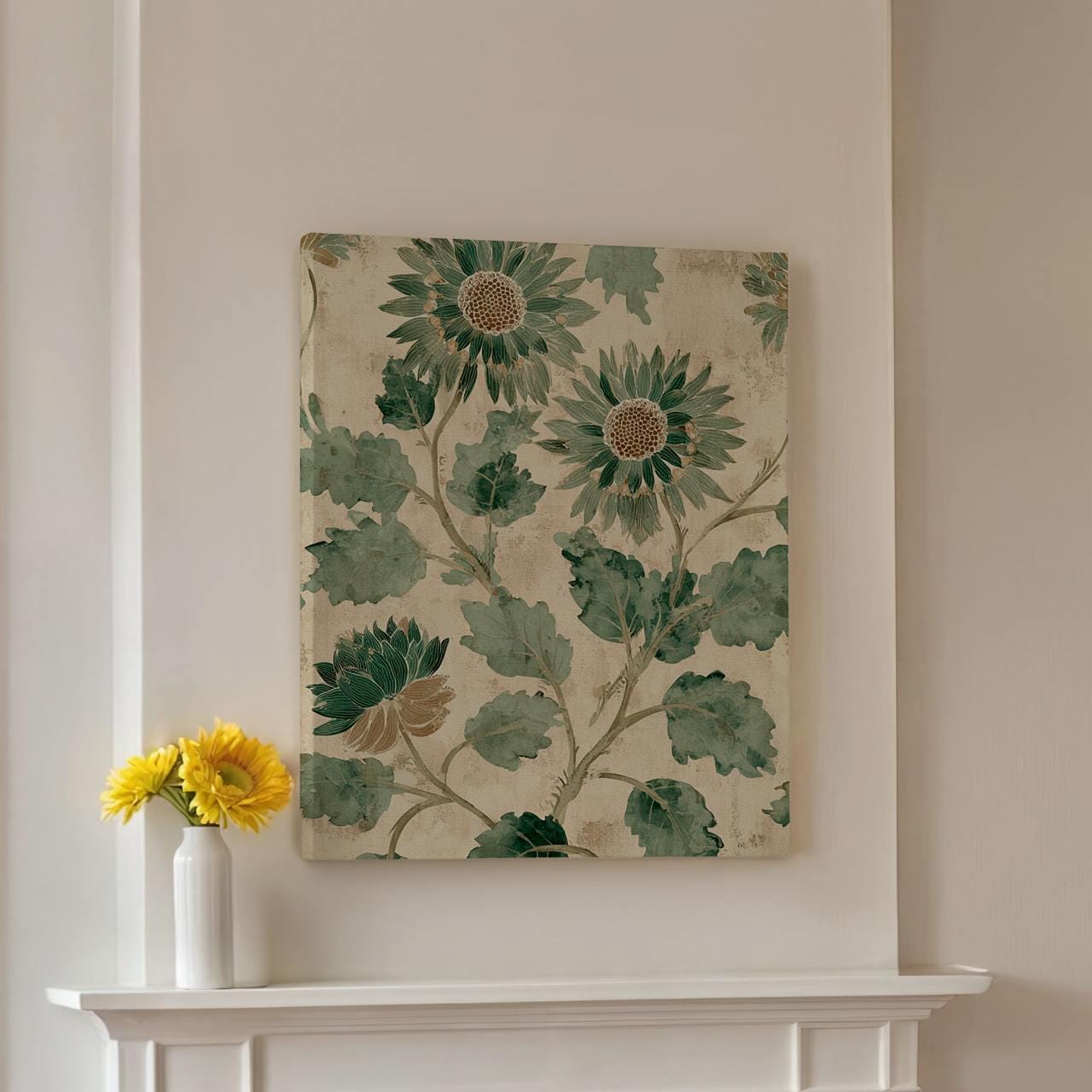 Pale Green Botanical Flowers Vintage Print - Large Framed Canvas Wall Art, Abstract Floral Decor for Living Room Decor, 