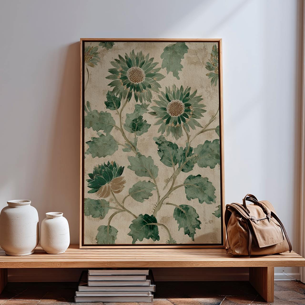 Pale Green Botanical Flowers Vintage Print - Large Framed Canvas Wall Art, Abstract Floral Decor for Living Room Decor, 