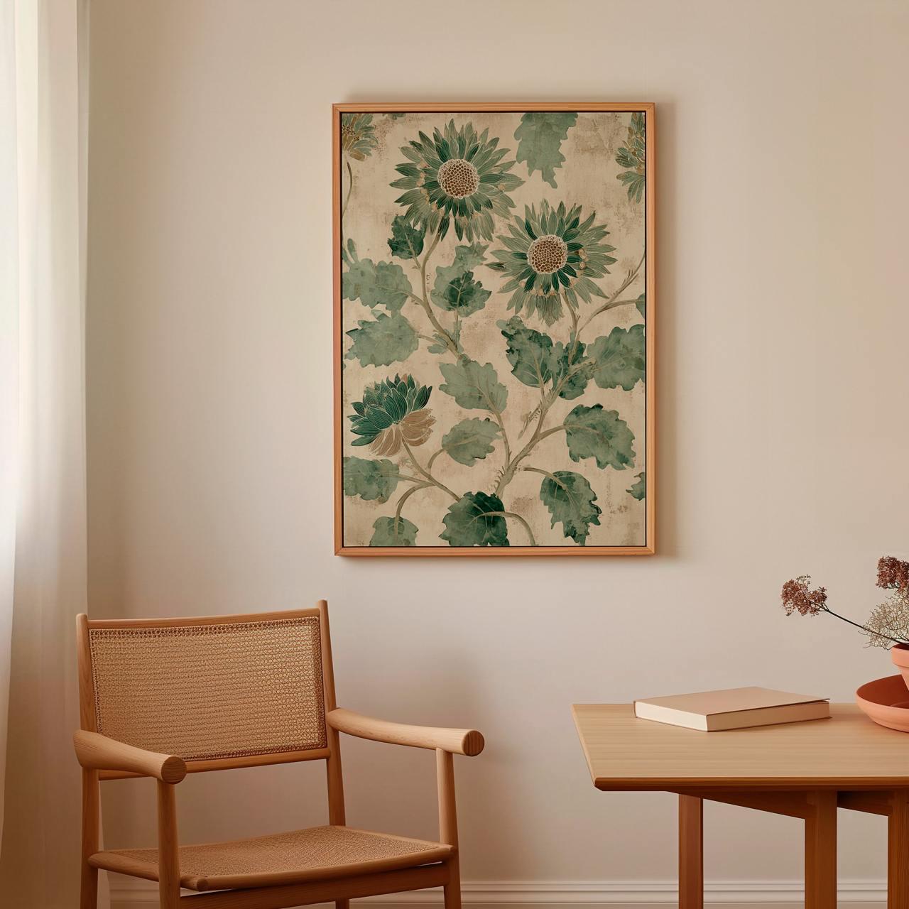 Pale Green Botanical Flowers Vintage Print - Large Framed Canvas Wall Art, Abstract Floral Decor for Living Room Decor, 