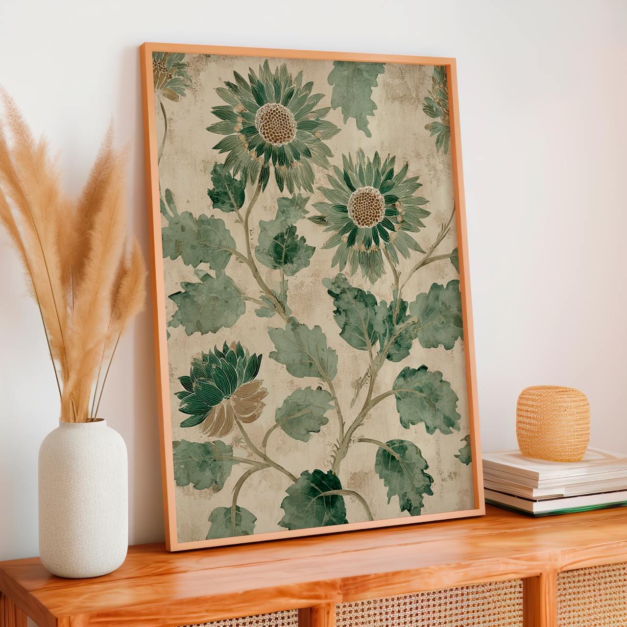 Pale Green Botanical Flowers Vintage Print - Large Framed Canvas Wall Art, Abstract Floral Decor for Living Room Decor, 