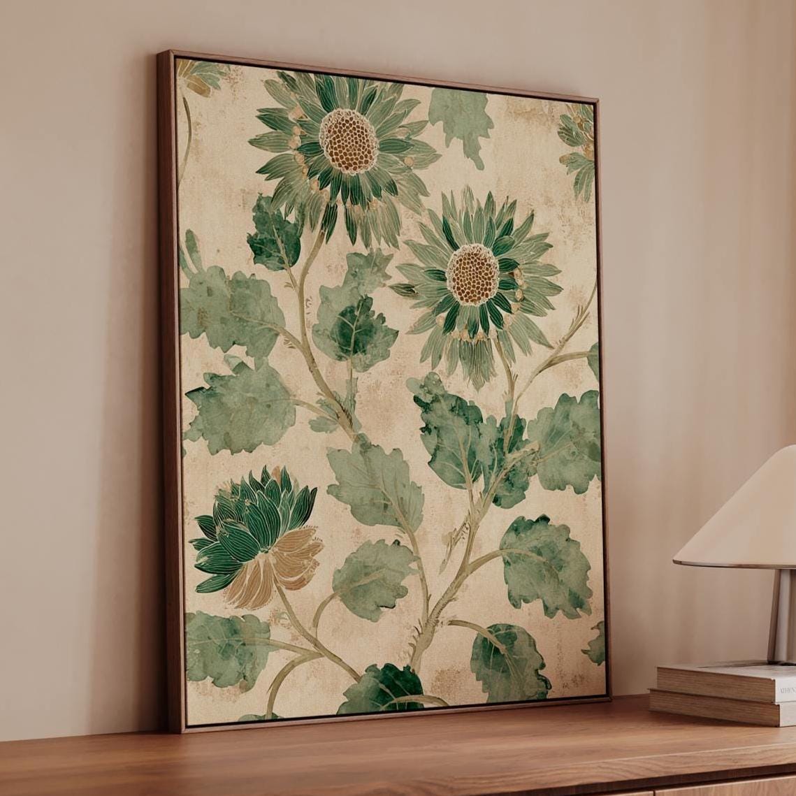 Pale Green Botanical Flowers Vintage Print - Large Framed Canvas Wall Art, Abstract Floral Decor for Living Room Decor, 