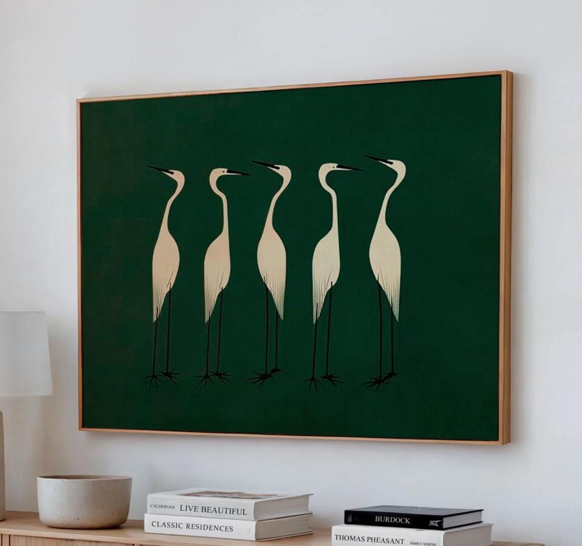 Elegant White Herons Silhouette - Canvas Wall Art Print, Framed Bird Decor for Living Room, Bedroom, Coastal Home, Moder