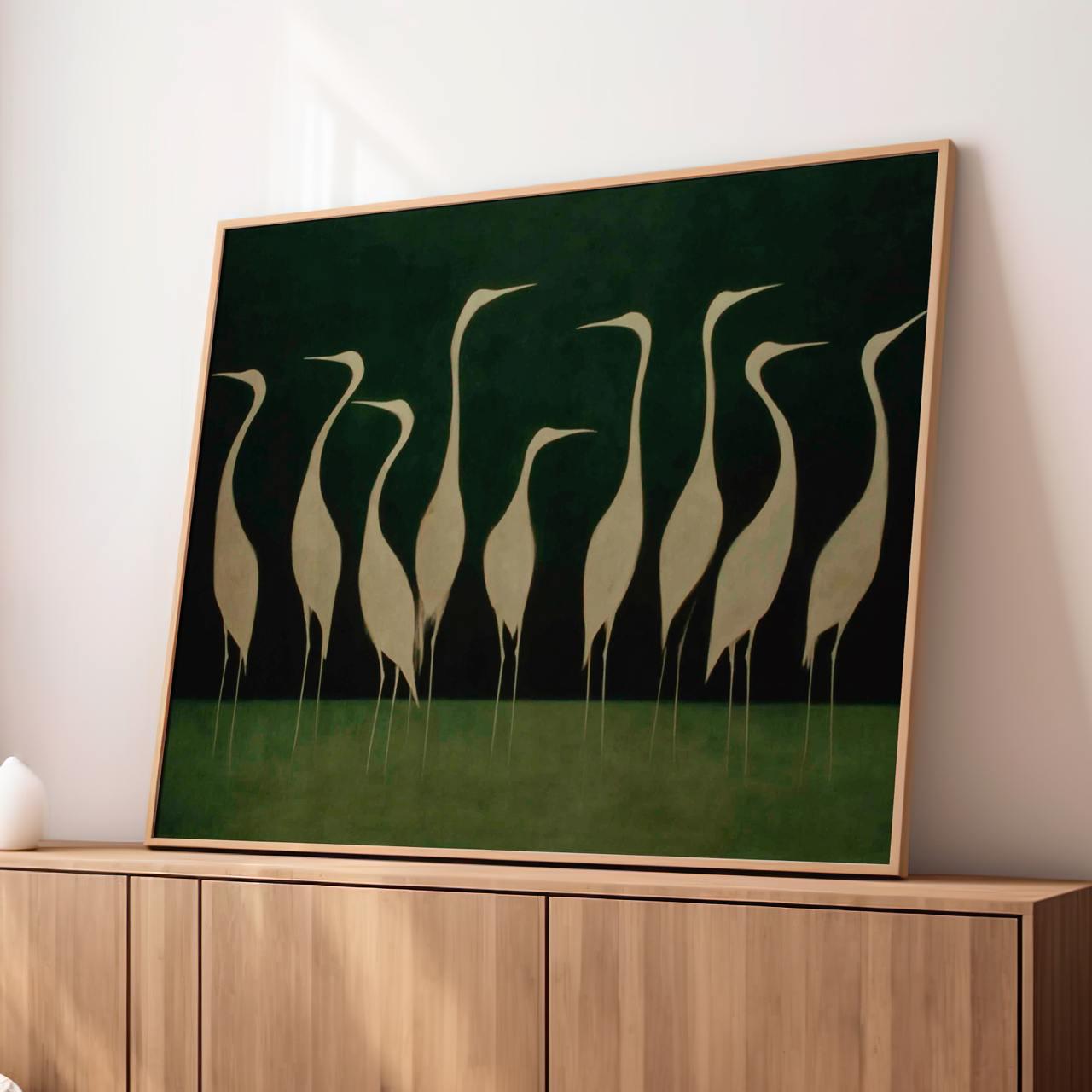 Graceful White Heron Birds Silhouette - Framed Canvas Wall Art Print, Minimalist Nature Decor for Living Room, Coastal B