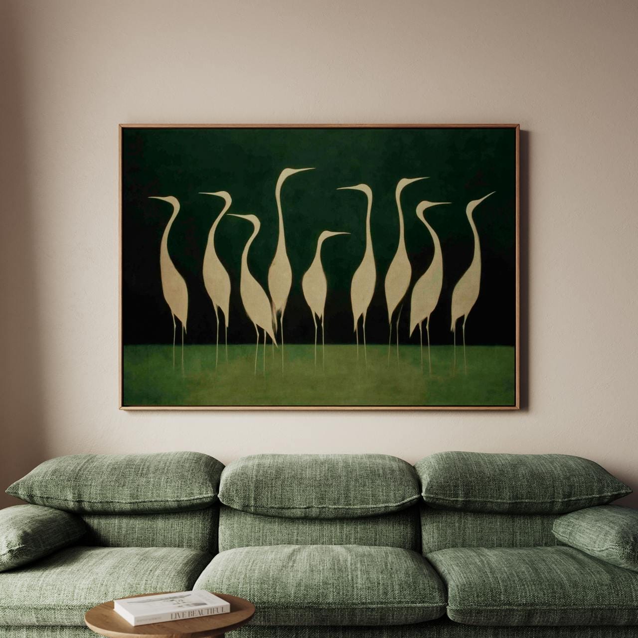 Graceful White Heron Birds Silhouette - Framed Canvas Wall Art Print, Minimalist Nature Decor for Living Room, Coastal B