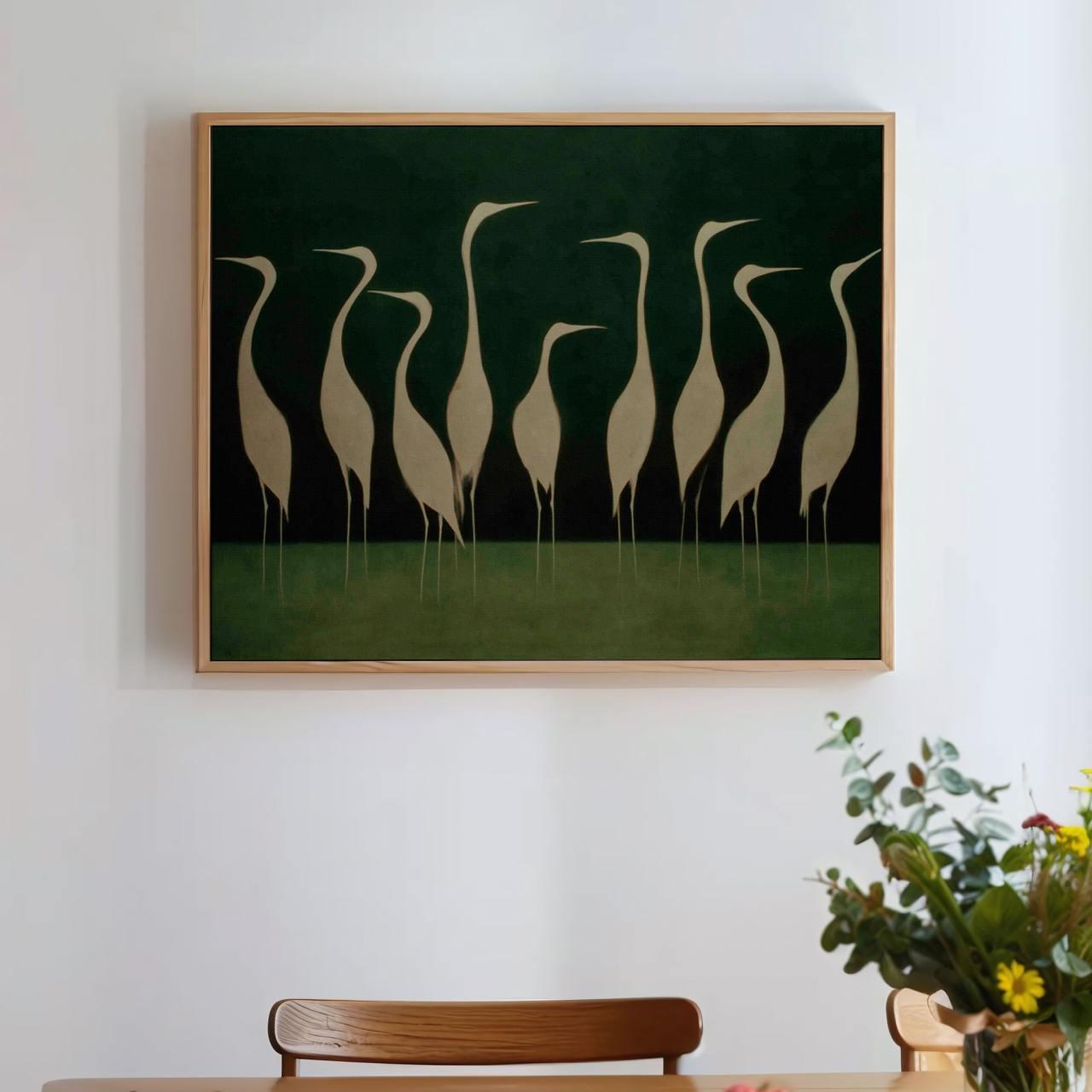 Graceful White Heron Birds Silhouette - Framed Canvas Wall Art Print, Minimalist Nature Decor for Living Room, Coastal B