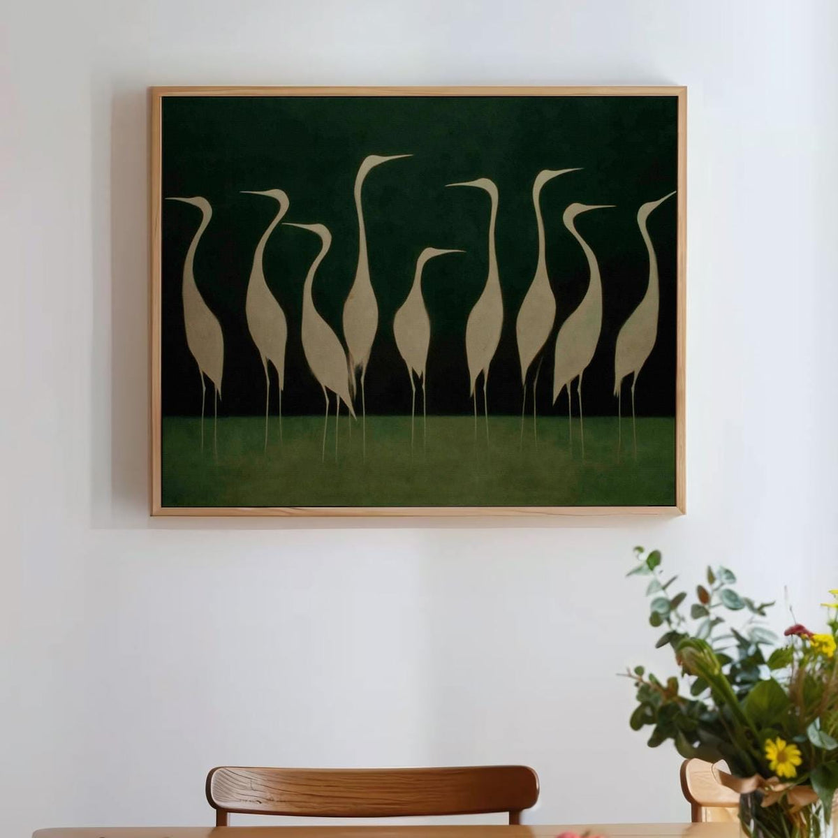 Graceful White Heron Birds Silhouette - Framed Canvas Wall Art Print, Minimalist Nature Decor for Living Room, Coastal B