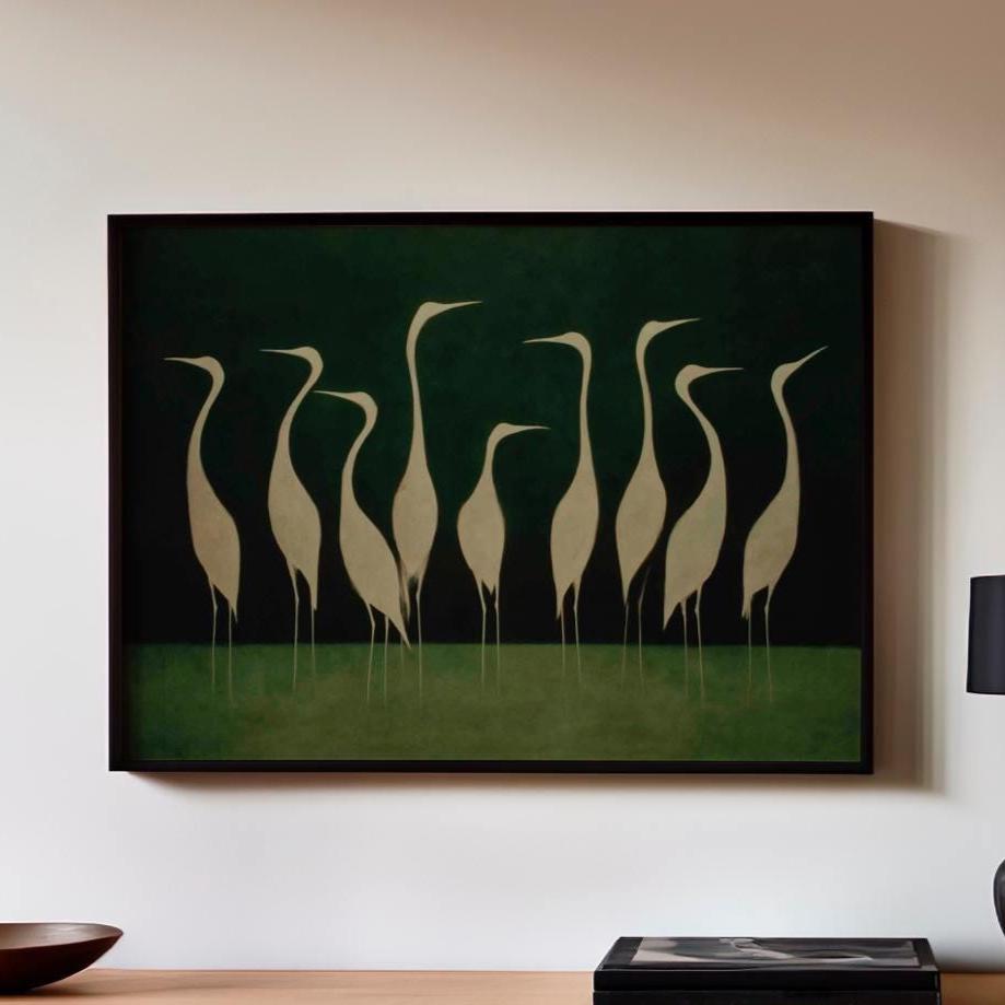 Graceful White Heron Birds Silhouette - Framed Canvas Wall Art Print, Minimalist Nature Decor for Living Room, Coastal B