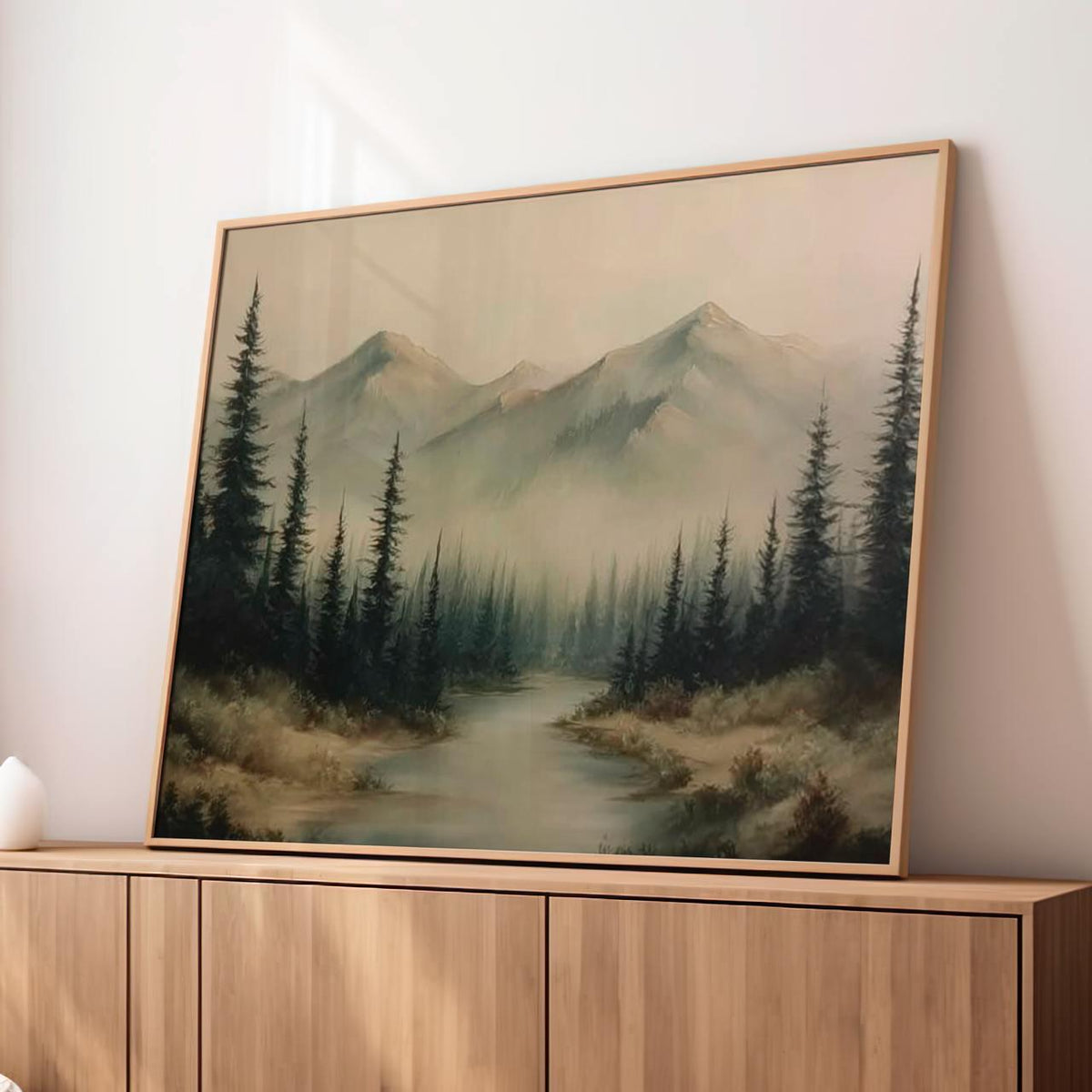 Dark Foggy Forest Mountains Silhouette - Framed Canvas Wall Art Print, Atmospheric Landscape Decor for Living Room, Cozy