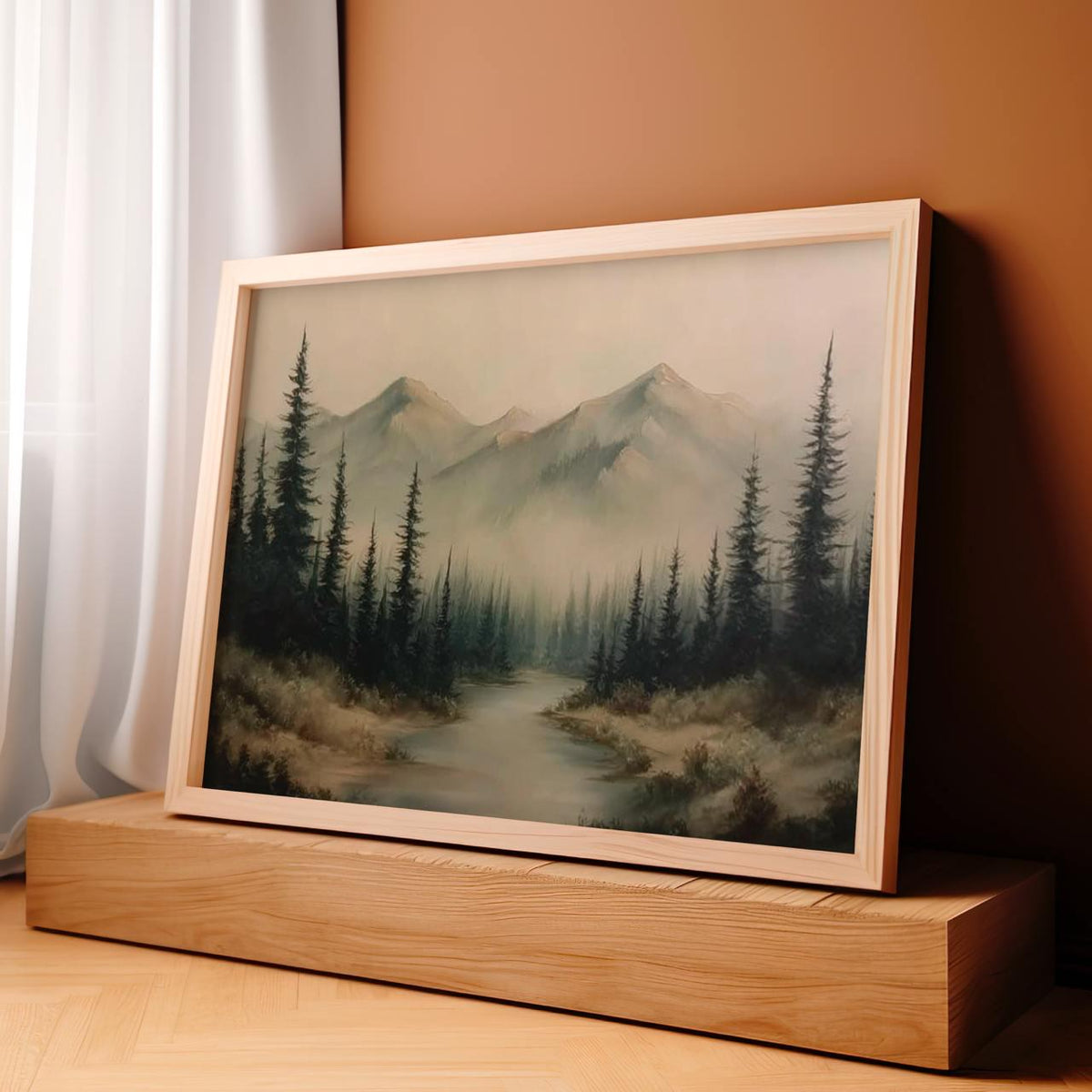 Dark Foggy Forest Mountains Silhouette - Framed Canvas Wall Art Print, Atmospheric Landscape Decor for Living Room, Cozy