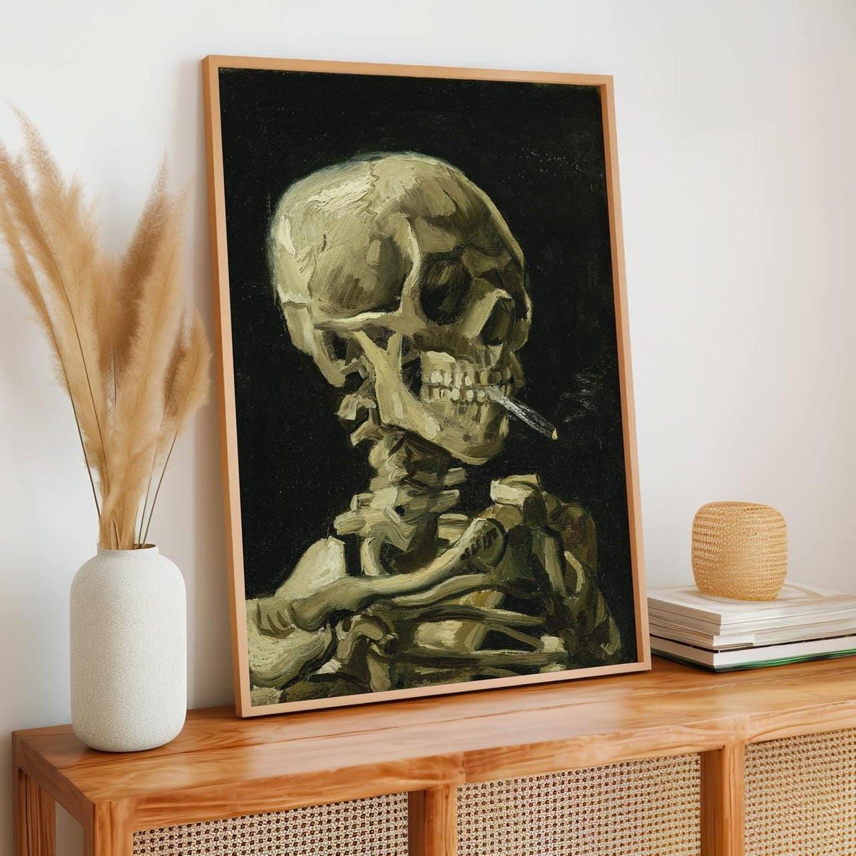 Vincent van Gogh Skull with Burning Cigarette - Framed Canvas Print, Post-Impressionist Still Life Decor for Entryway, H