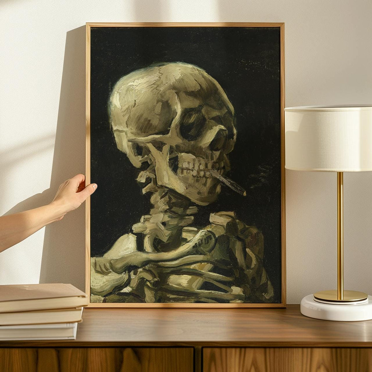 Vincent van Gogh Skull with Burning Cigarette - Framed Canvas Print, Post-Impressionist Still Life Decor for Entryway, H