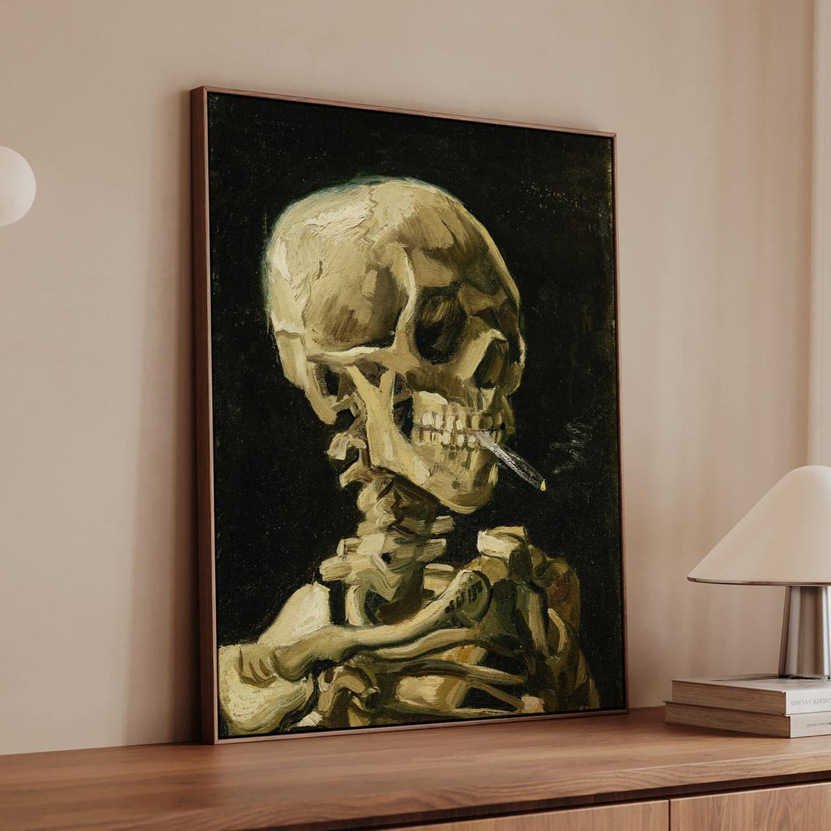 Vincent van Gogh Skull with Burning Cigarette - Framed Canvas Print, Post-Impressionist Still Life Decor for Entryway, H