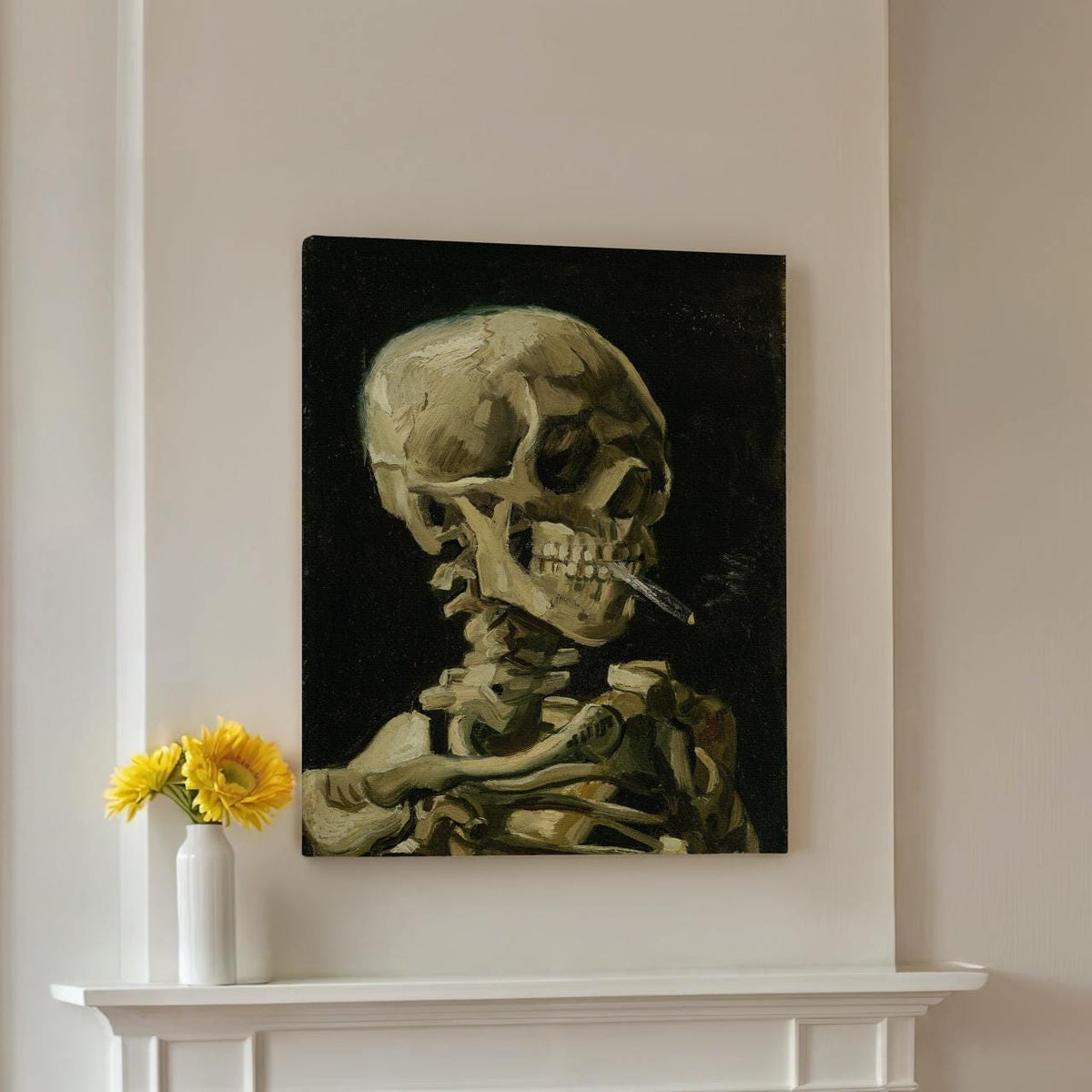 Vincent van Gogh Skull with Burning Cigarette - Framed Canvas Print, Post-Impressionist Still Life Decor for Entryway, H