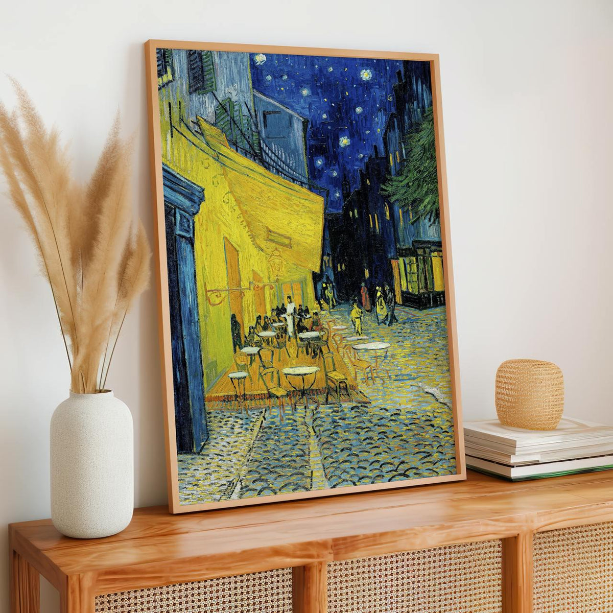 Vincent van Gogh Cafe Terrace at Night - Framed Canvas Print, Post-Impressionist Night Scene Decor for Living Room, Dini