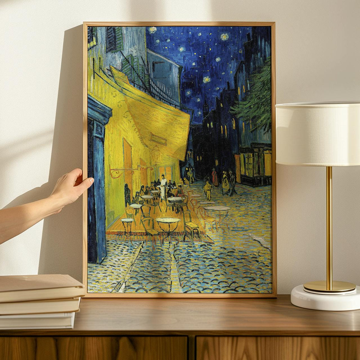 Vincent van Gogh Cafe Terrace at Night - Framed Canvas Print, Post-Impressionist Night Scene Decor for Living Room, Dini