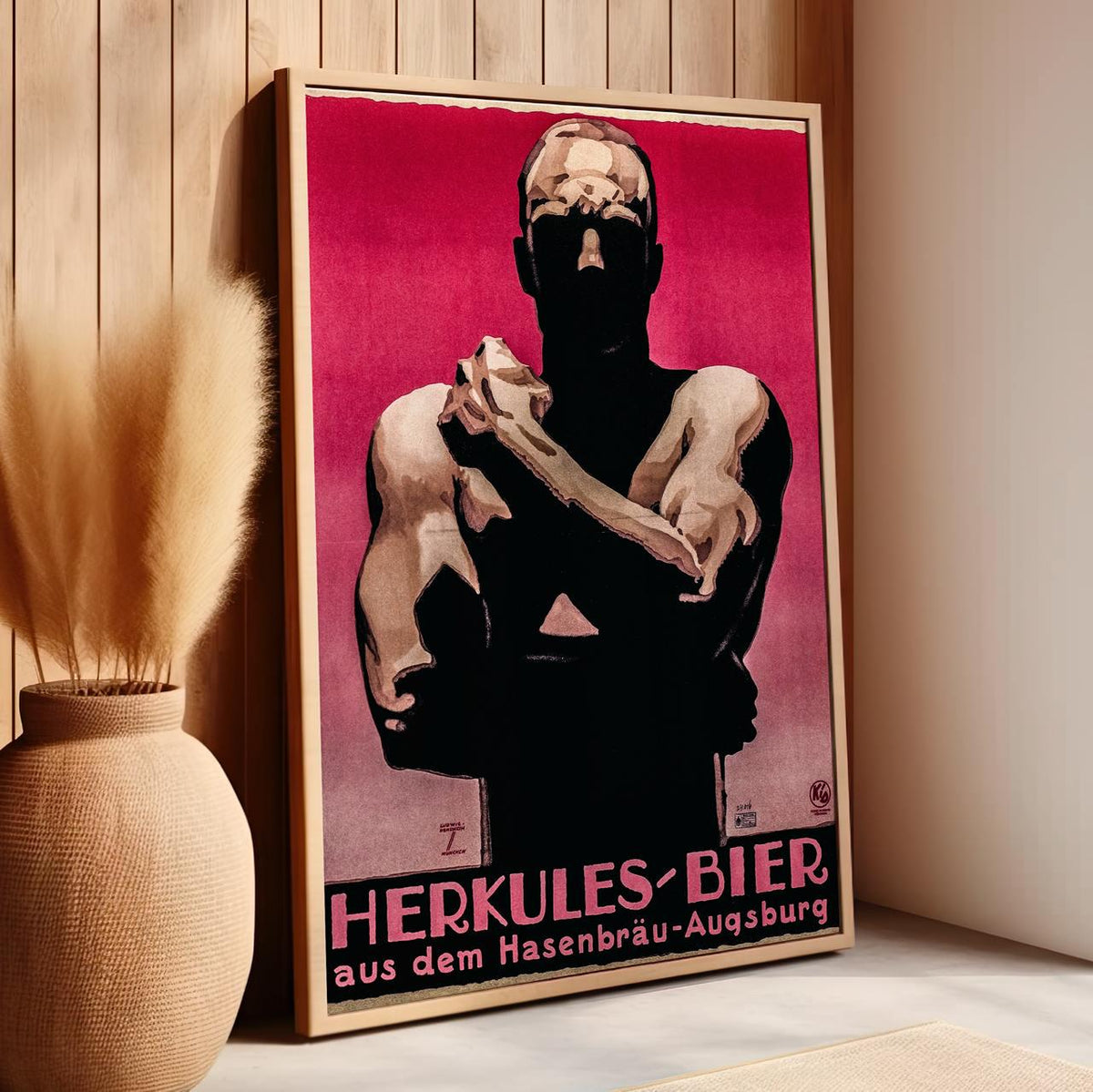 Vintage Hercule Beer Poster - Framed Wall Poster Print, German Brew Art Decor for Game Room, Bar Area, Retro Gallery Wal