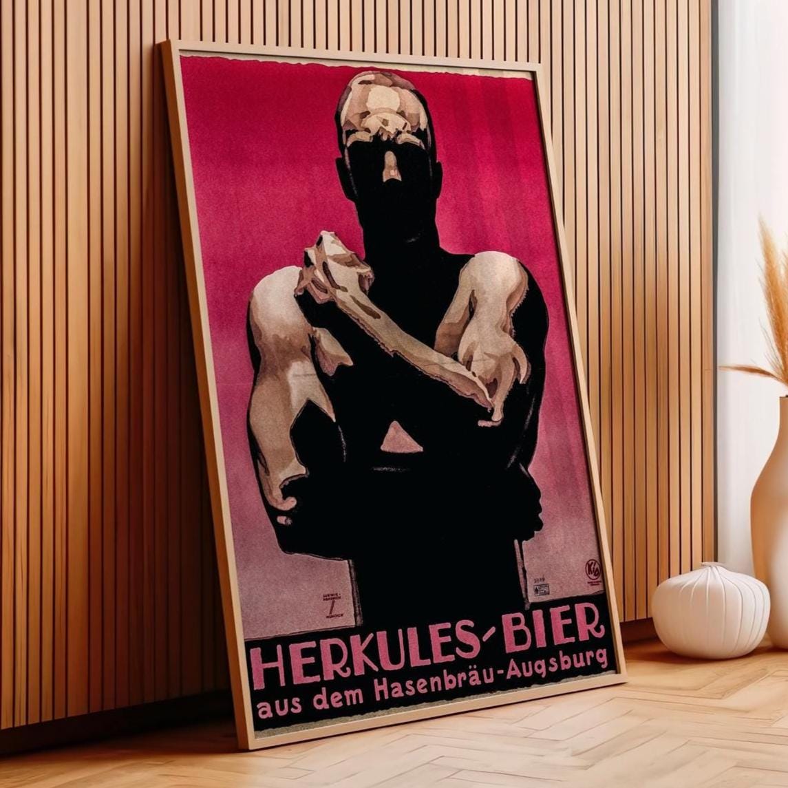 Vintage Hercule Beer Poster - Framed Wall Poster Print, German Brew Art Decor for Game Room, Bar Area, Retro Gallery Wal