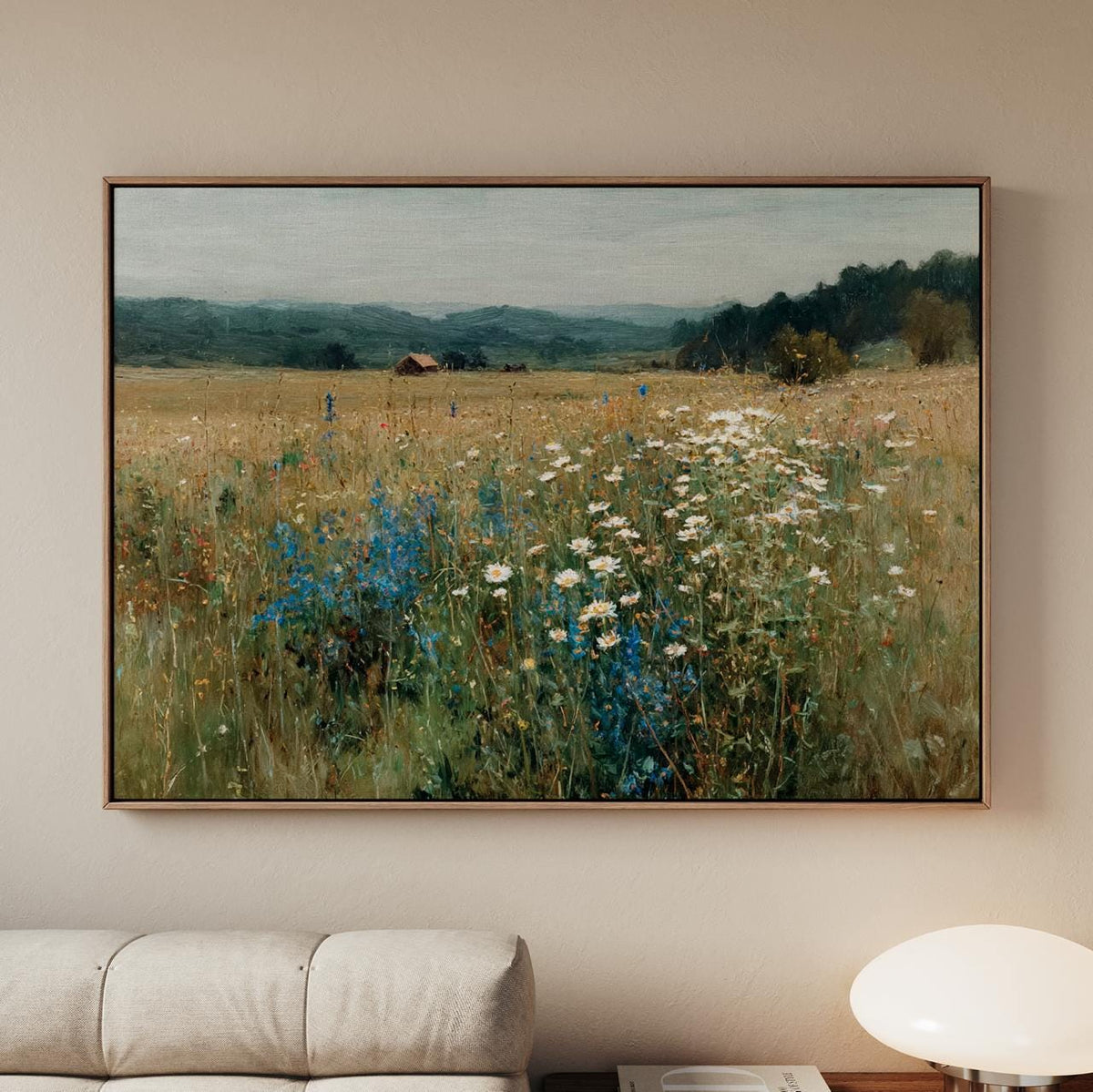 Vintage Wildflower Meadow Framed Canvas Print Art, Botanical Floral Large Wall Decor, Modern Home Rustic Panoramic Lands