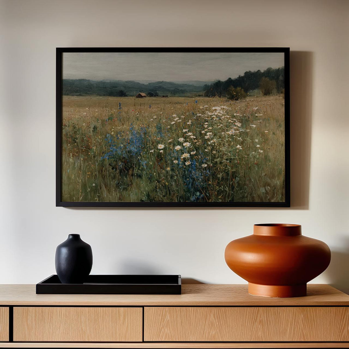 Vintage Wildflower Meadow Framed Canvas Print Art, Botanical Floral Large Wall Decor, Modern Home Rustic Panoramic Lands