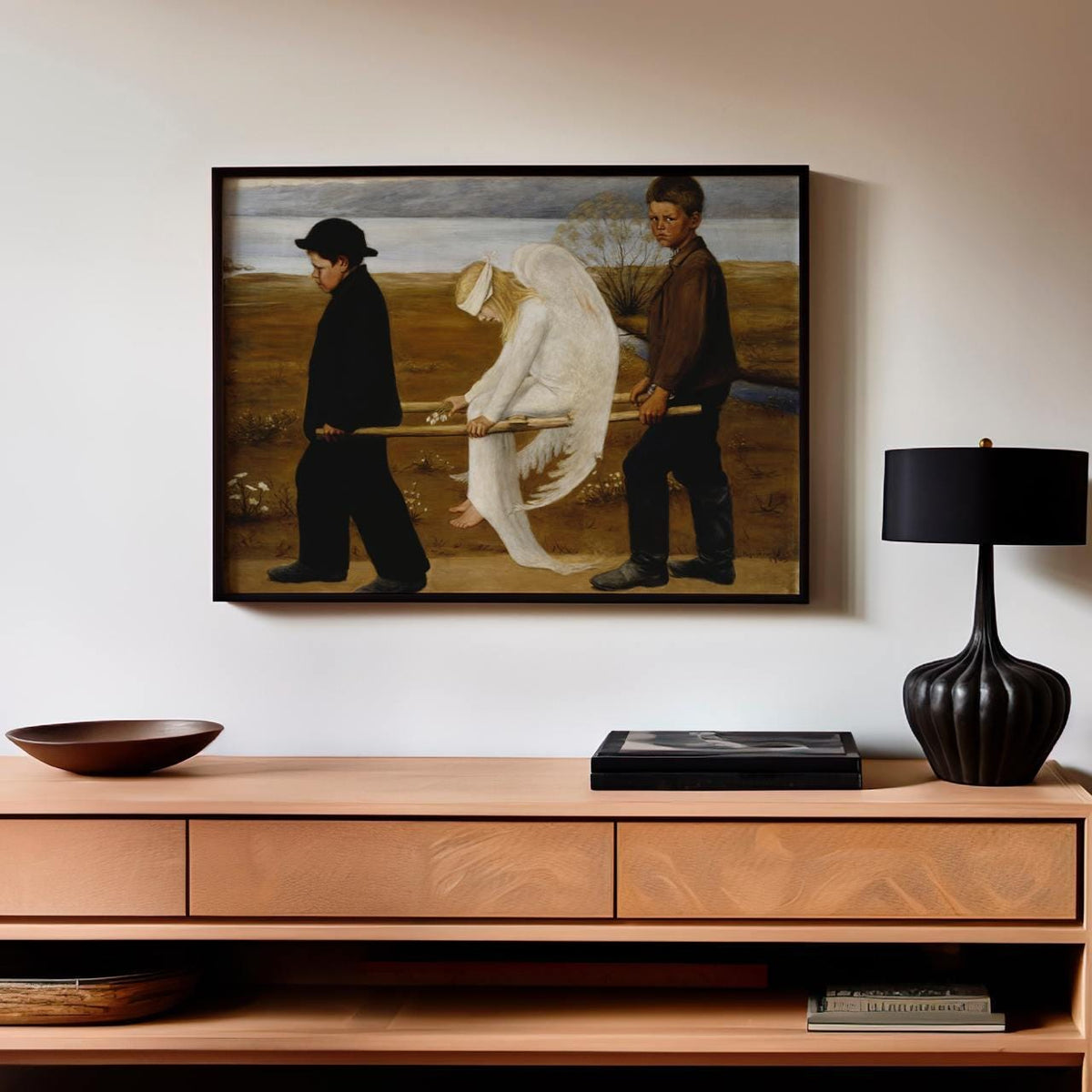Hugo Simberg - The Wounded Angel - Symbolist Angel Carrier Print, Finnish Boys Stretcher Wall Art, Melancholy Folklore D