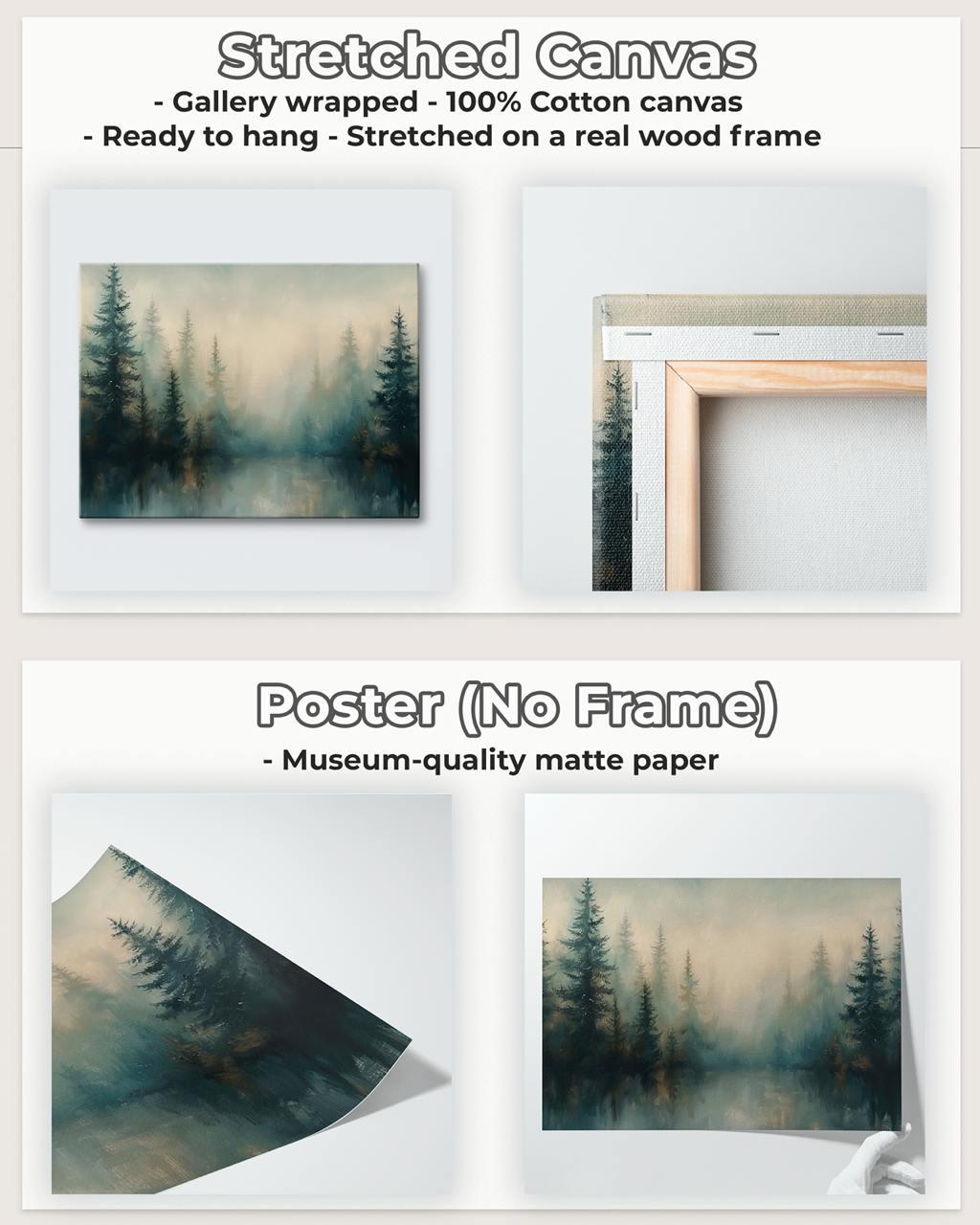 Moody Green Woodland Landscape Large Framed Misty Pine Tree Forest Canvas Art, Minimalist Scandinavian Nature Bedroom De