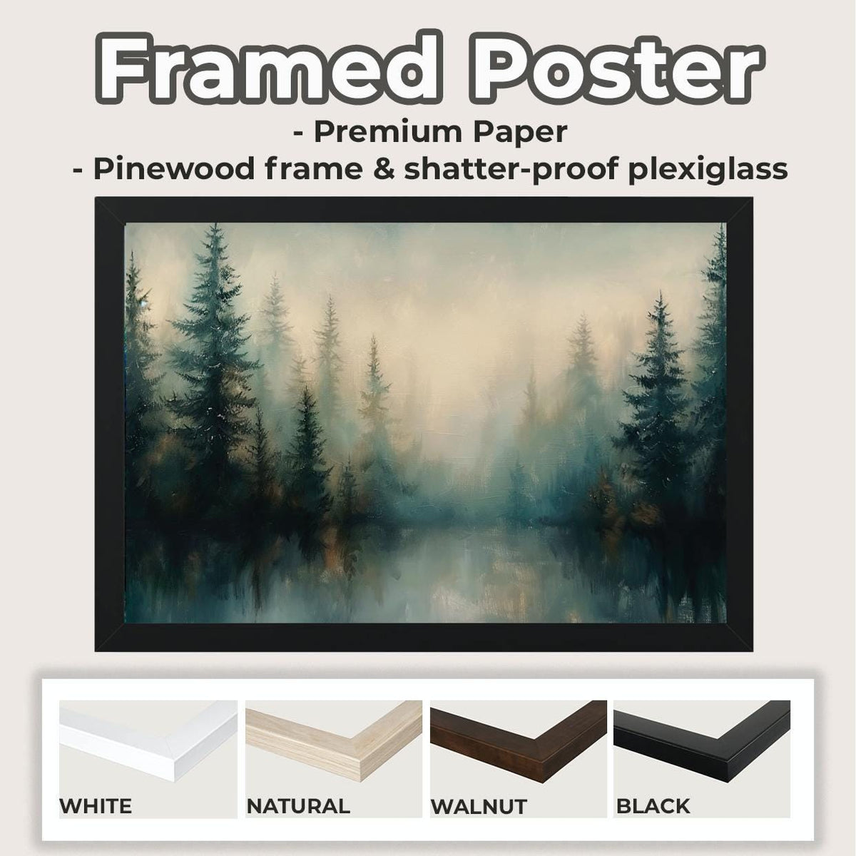 Moody Green Woodland Landscape Large Framed Misty Pine Tree Forest Canvas Art, Minimalist Scandinavian Nature Bedroom De