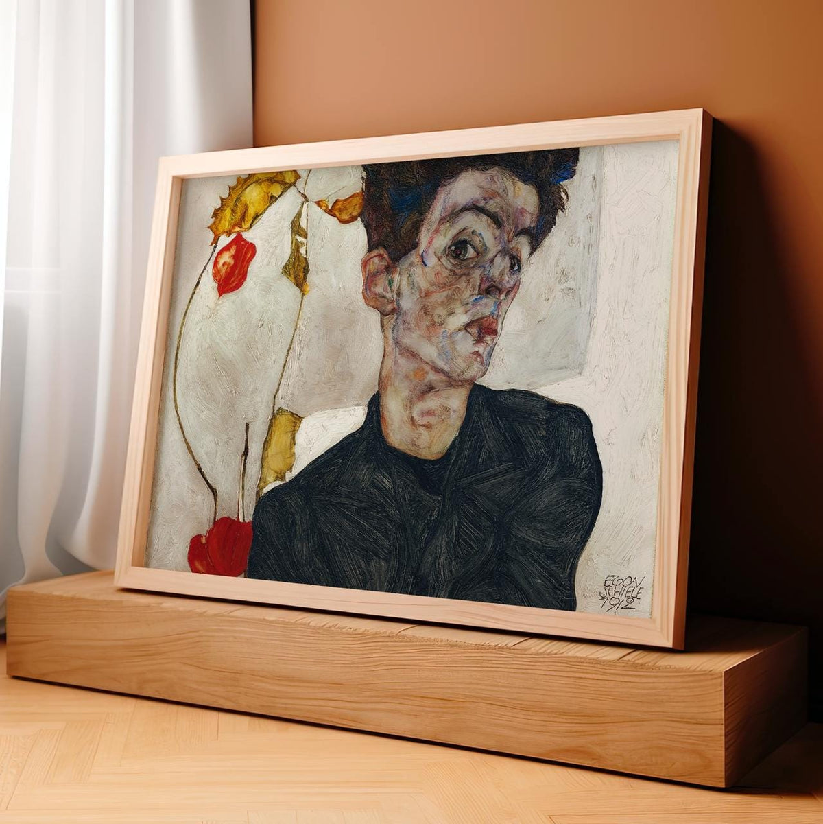 Egon Schiele - Self Portrait Chinese Lantern Fruits 1912 - Expressionist Face Print, Modern Abstract Canvas Art, Vintage