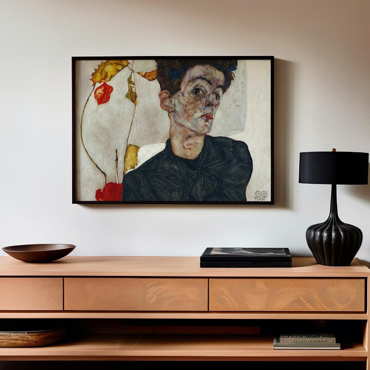 Egon Schiele - Self Portrait Chinese Lantern Fruits 1912 - Expressionist Face Print, Modern Abstract Canvas Art, Vintage