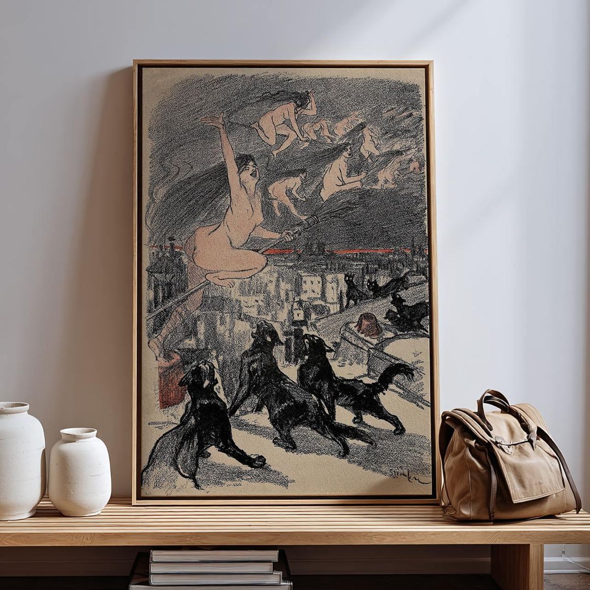 Théophile Steinlen - Big Black Cats Witches Ascend - Gothic Mystical Canvas Print, Dark Fantasy Halloween Wall Art Livin