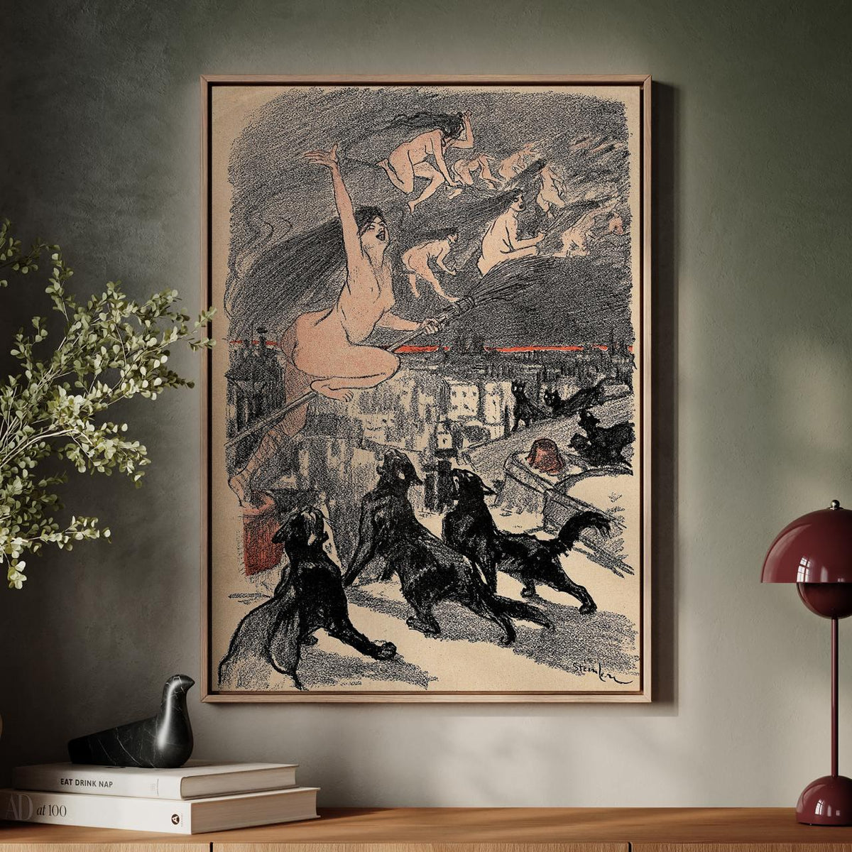 Théophile Steinlen - Big Black Cats Witches Ascend - Gothic Mystical Canvas Print, Dark Fantasy Halloween Wall Art Livin