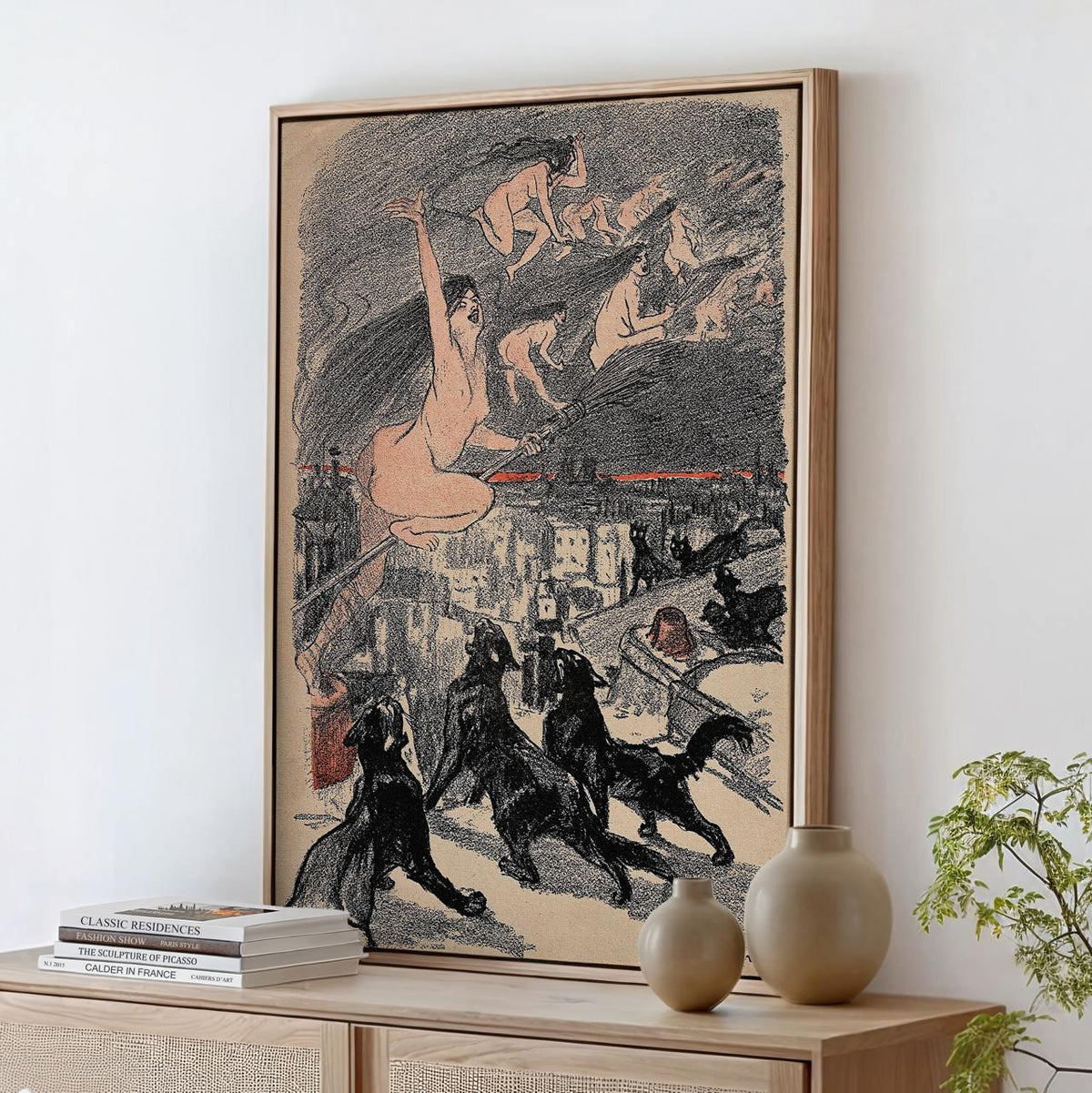 Théophile Steinlen - Big Black Cats Witches Ascend - Gothic Mystical Canvas Print, Dark Fantasy Halloween Wall Art Livin
