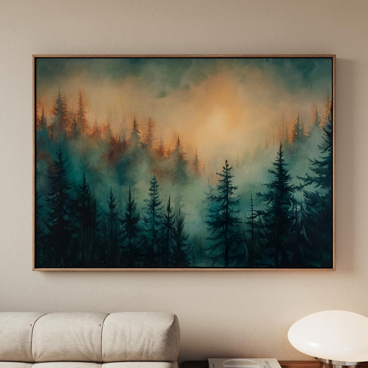 Moody Green Woodland Landscape Large Framed Misty Pine Tree Forest Canvas Art, Minimalist Scandinavian Nature Bedroom De
