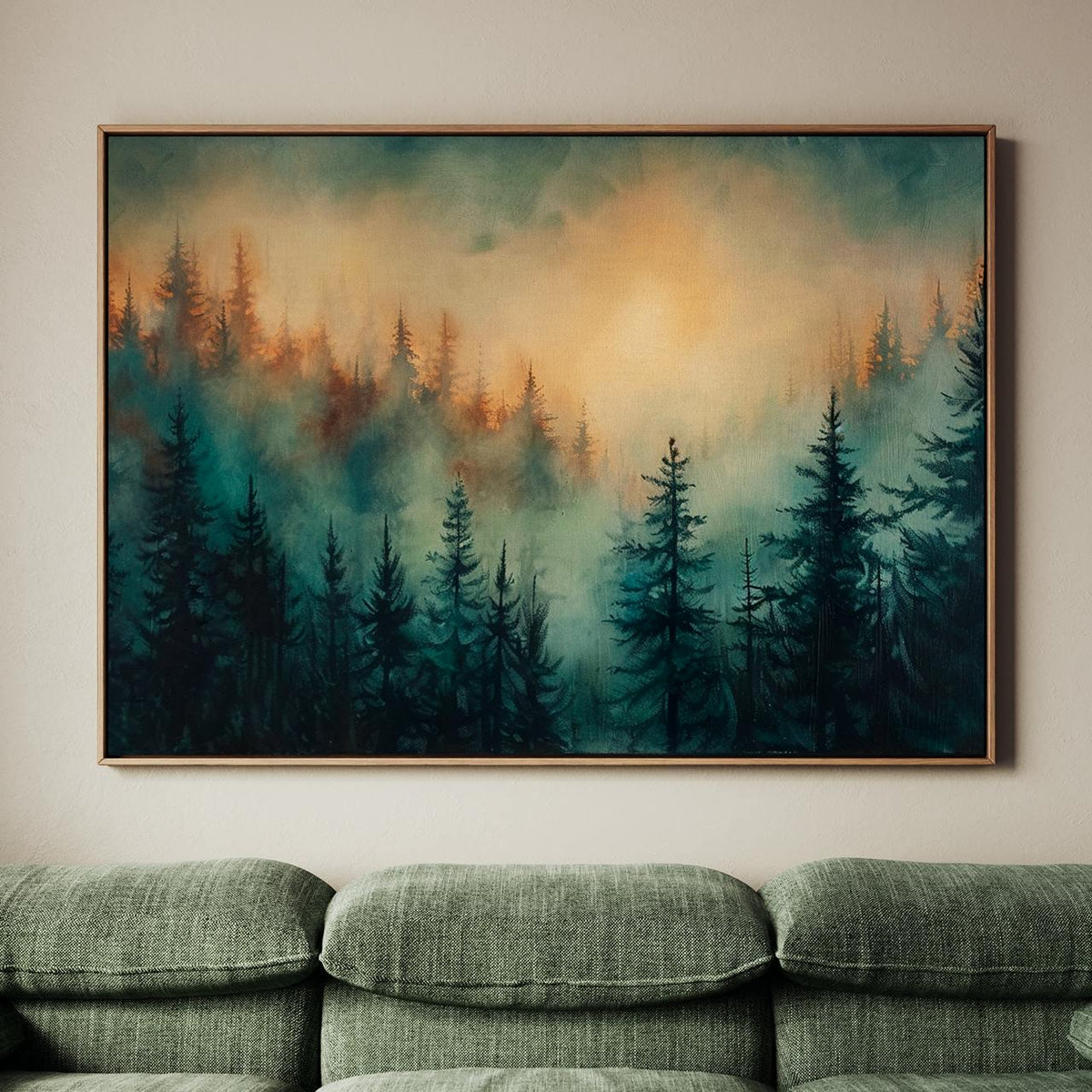 Moody Green Woodland Landscape Large Framed Misty Pine Tree Forest Canvas Art, Minimalist Scandinavian Nature Bedroom De